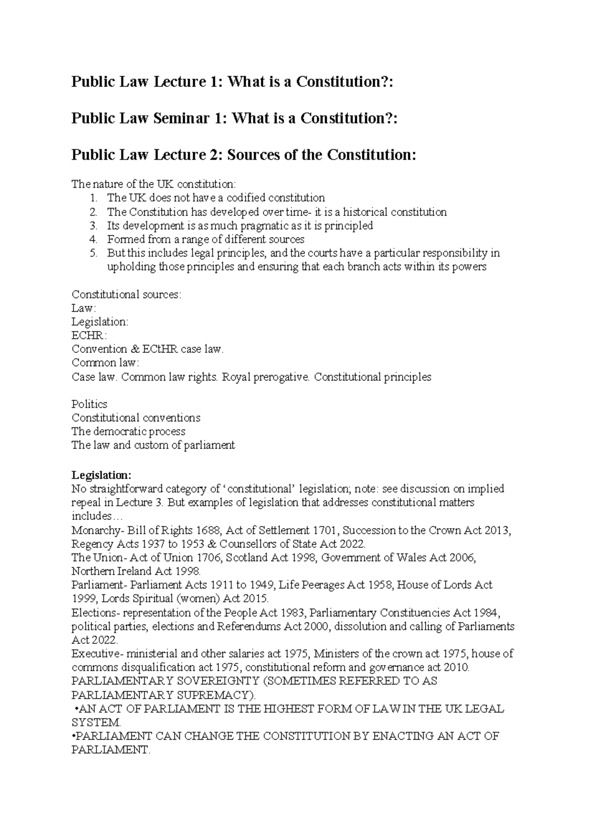 Public Law S&L: Lecture & Seminar Notes on the UK Constitution - Studocu