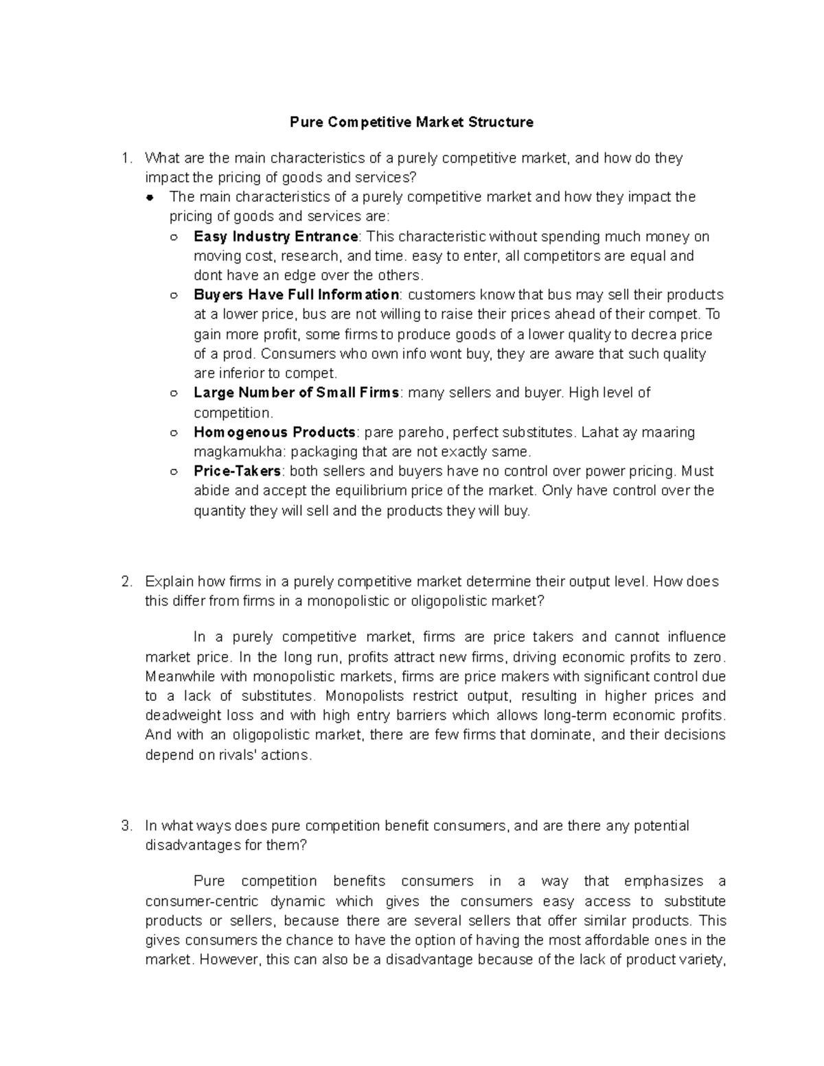 Pure Competitive Market Structure: Key Characteristics & Impacts - Studocu
