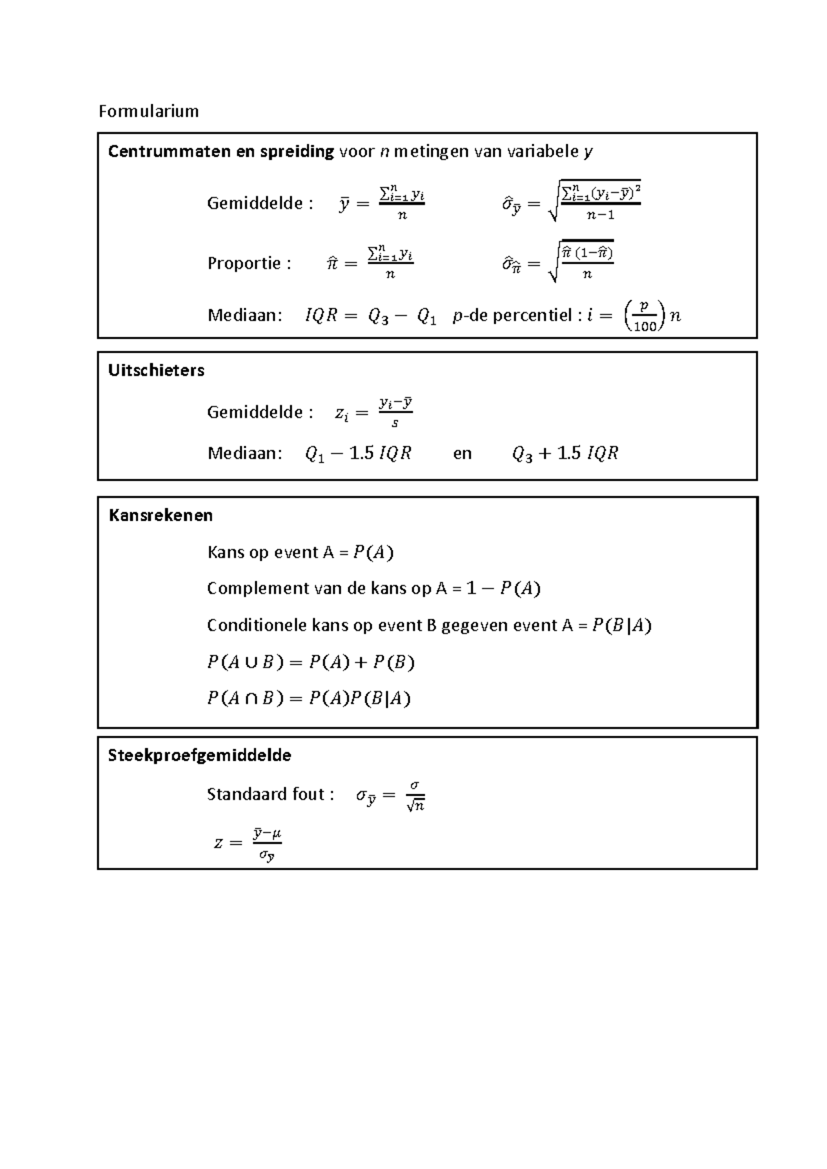 Formularium Statistiek: Kansrekenen en Betrouwbaarheidsintervallen ...