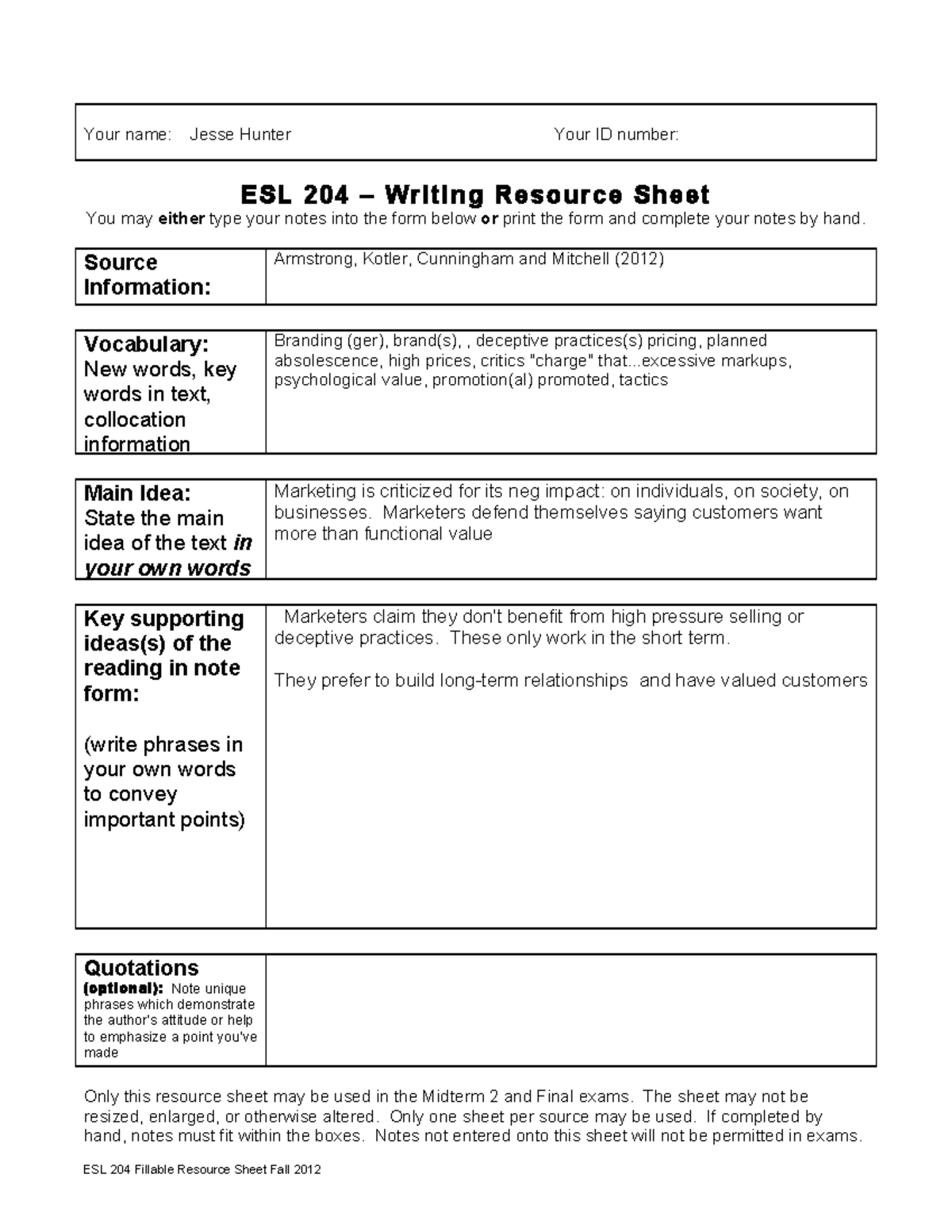 ESL 204 Midterm & Final Exam Writing Resource Sheet - Studocu