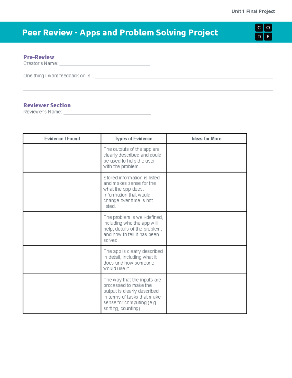 - U1L09 - Peer Review - Apps and Problem Solving Project (2019 ) - Unit ...