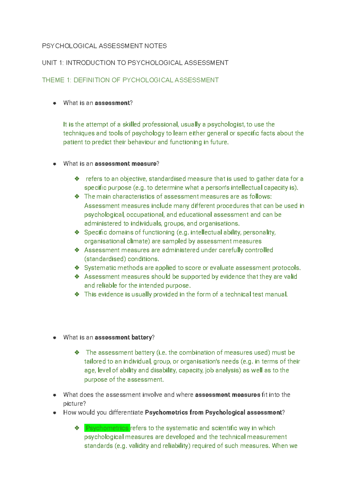 PSY 101: Psychological Assessment Notes - Unit 1 Overview - Studocu