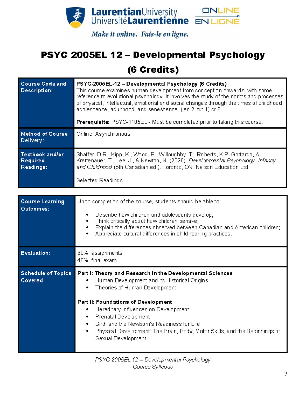 Syllabus PSYC 2005 EL 12 2024SP - PSYC 2005EL 12 – Developmental ...