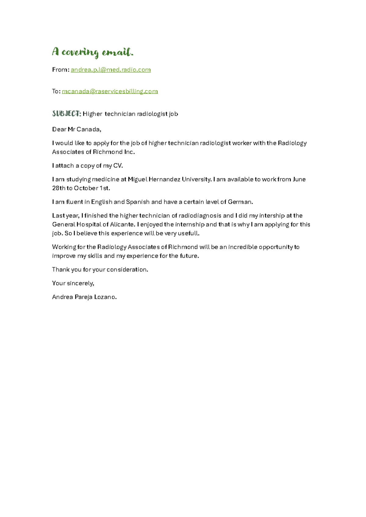 Application Email for Higher Technician Radiologist Position - Studocu