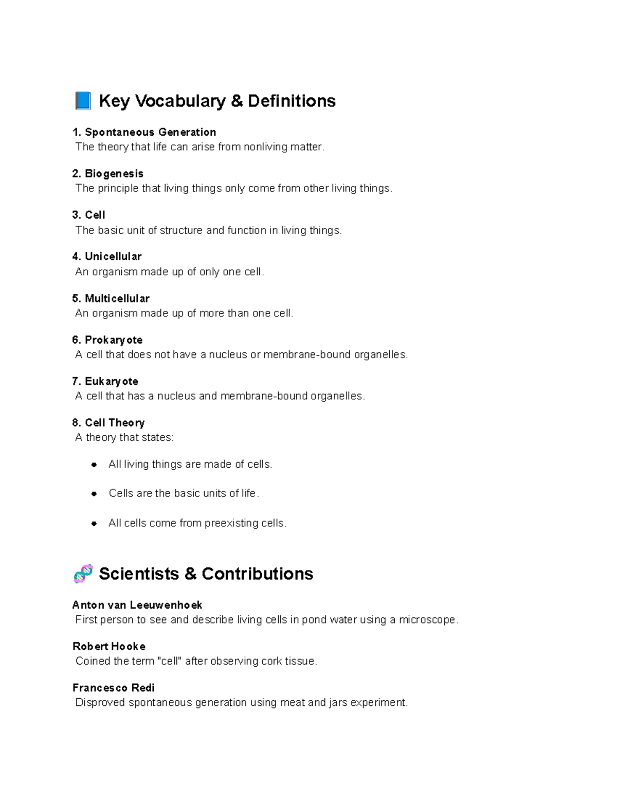 Biology 101: Key Terms on Spontaneous Generation and Cell Theory - Studocu
