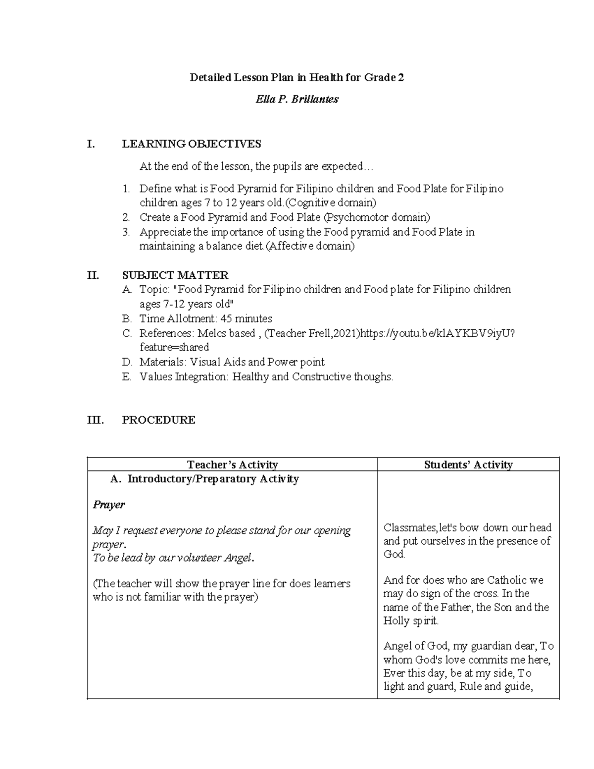 Detailed Lesson Plan: Food Pyramid & Food Plate - Health 2 (Brillantes ...