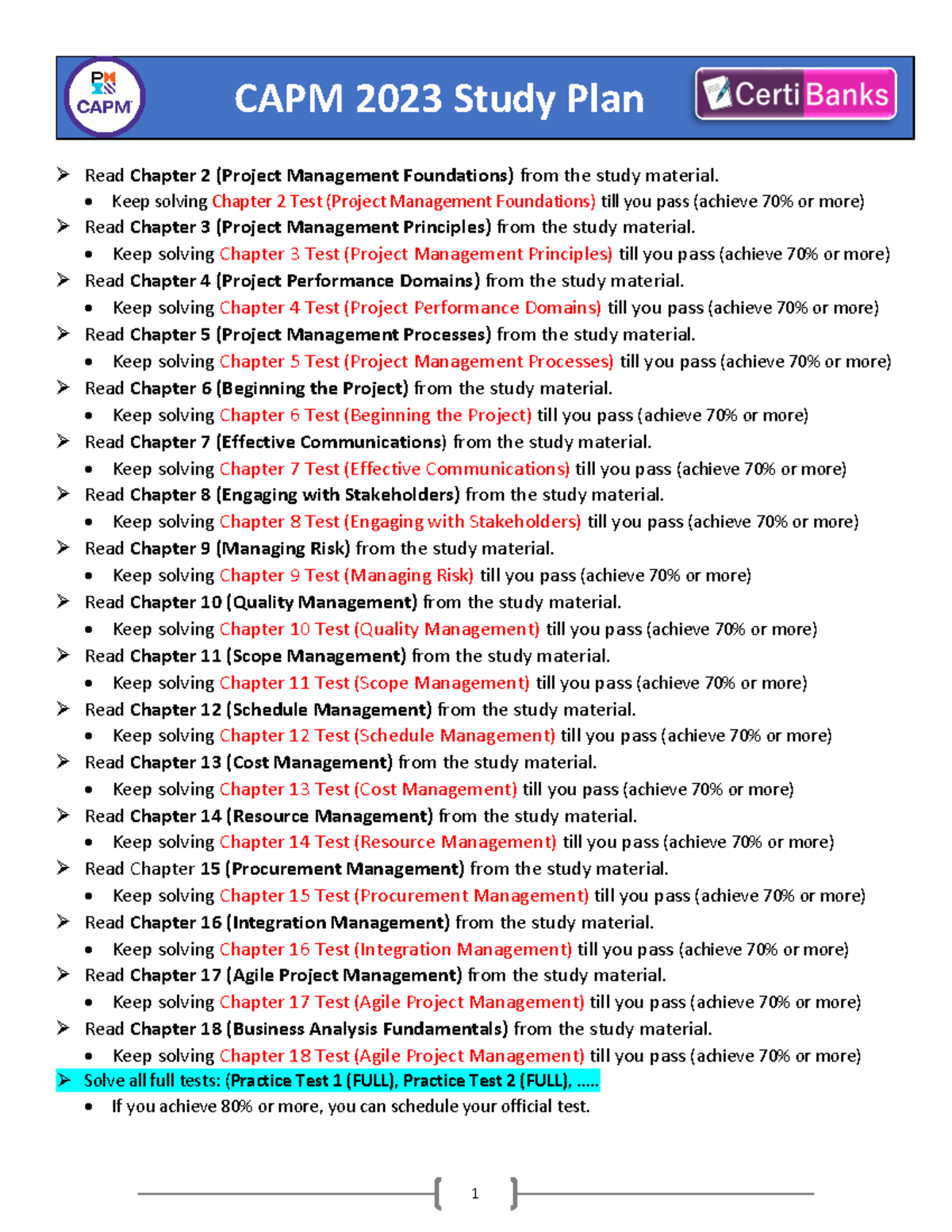 CAPM 2023 Study Plan - Project management - 1 CAPM 2023 Study Plan Read ...