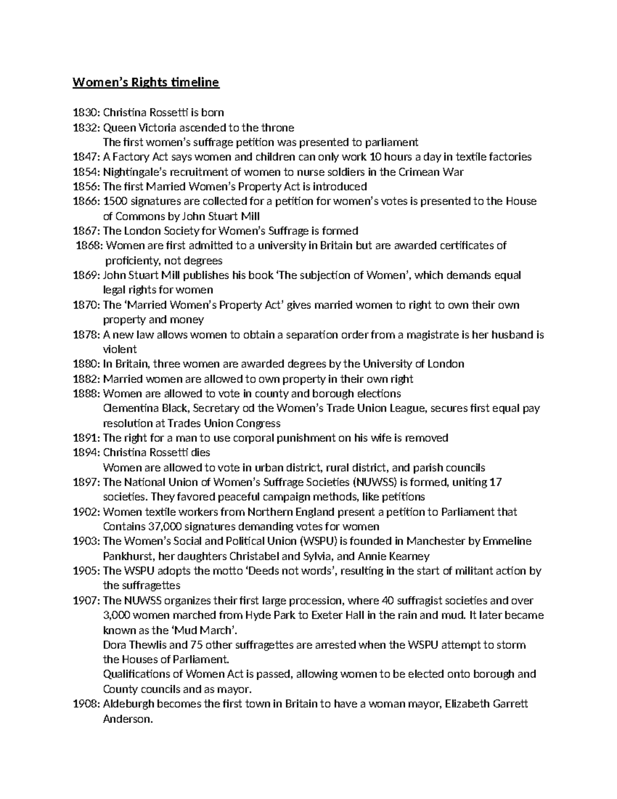 Women's Rights Timeline: Key Events from 1830 to 2015 - Studocu