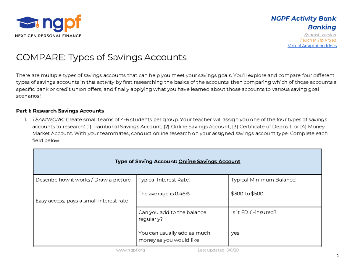 Comparative Analysis of Savings Accounts in Banking (NGPF Activity ...
