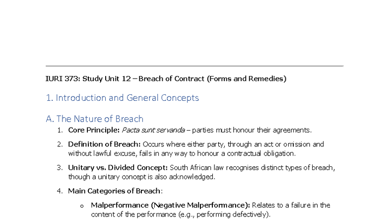 IURI 373: Study Unit 12 - Breach of Contract Forms & Remedies - Studocu