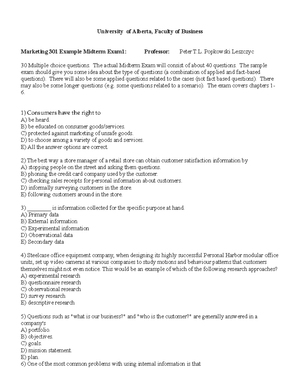Sample Midterm 1 - University of Alberta, Faculty of Business Marketing ...