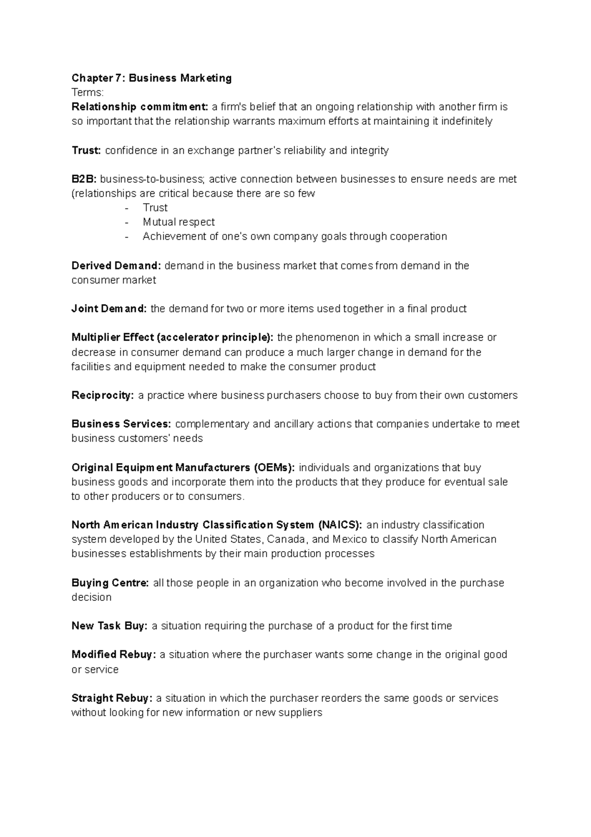 Ch. 7 Notes Business Marketing - Chapter 7: Business Marketing Terms ...