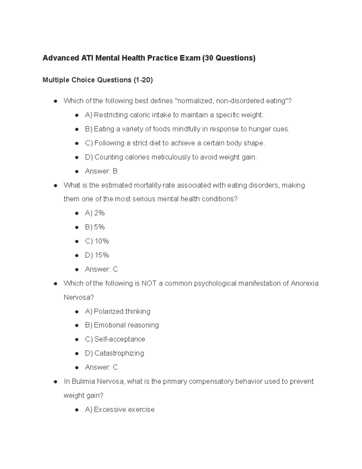 Eating Disorders Advanced ATI Practice Exam (30 Questions) - Studocu