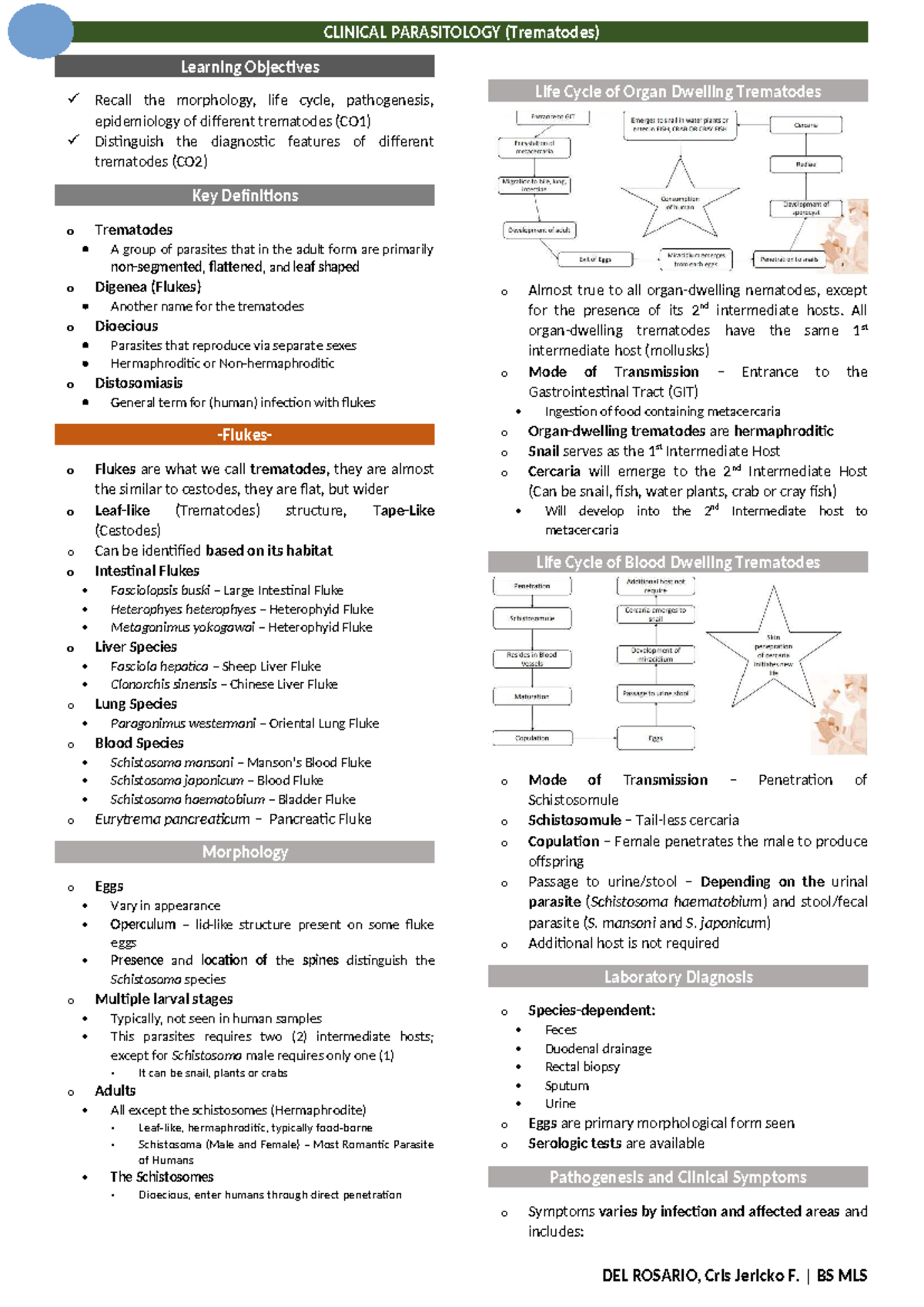 CLINICAL PARASITOLOGY (BS MLS) Final Exam Notes on Trematodes - Studocu