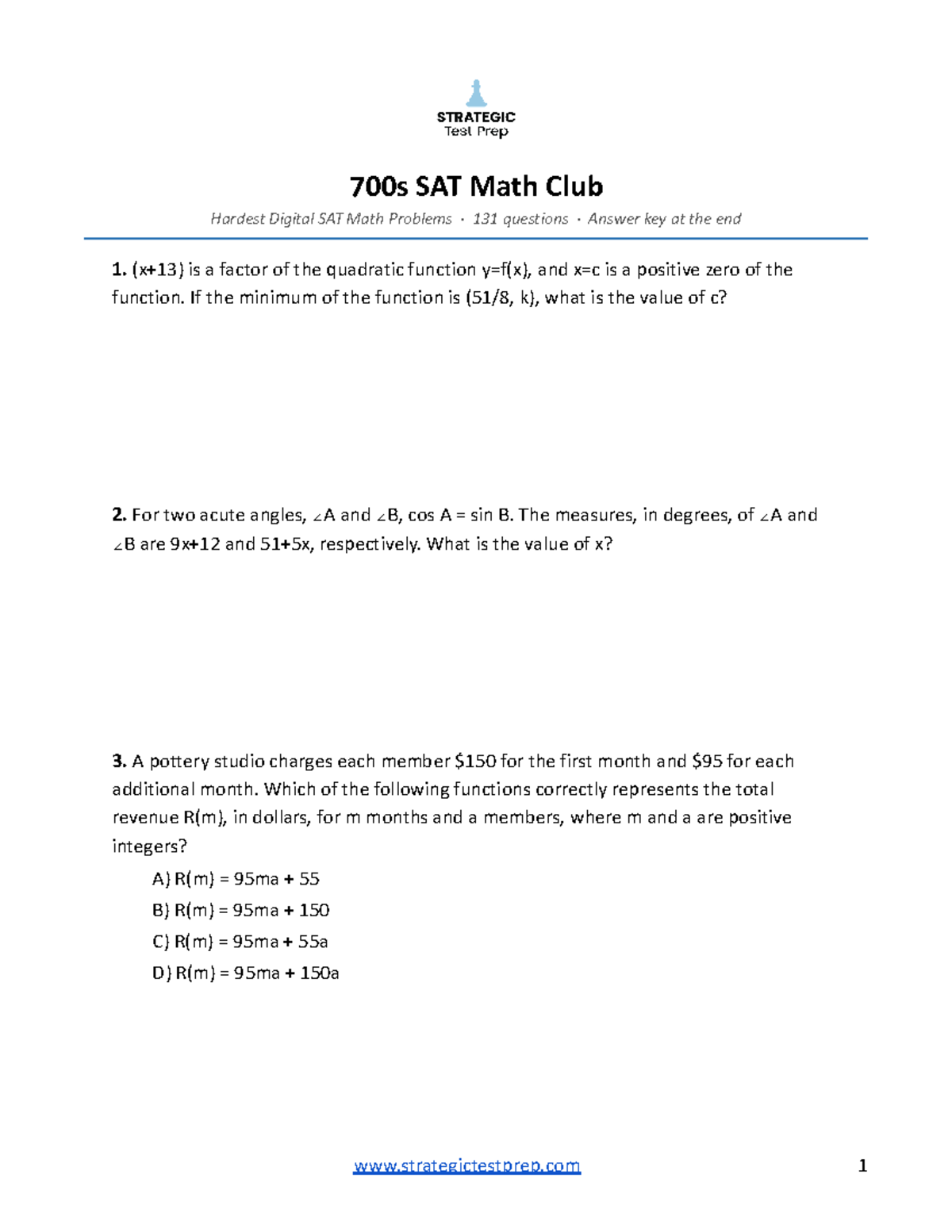 SAT Math Problems & Answer Key - 700s Math Club STP - Studocu