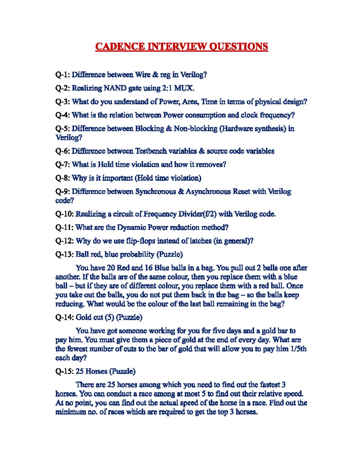 CADENCE INTERVIEW QUESTIONS: Verilog, Power, and Puzzles Insights - Studocu