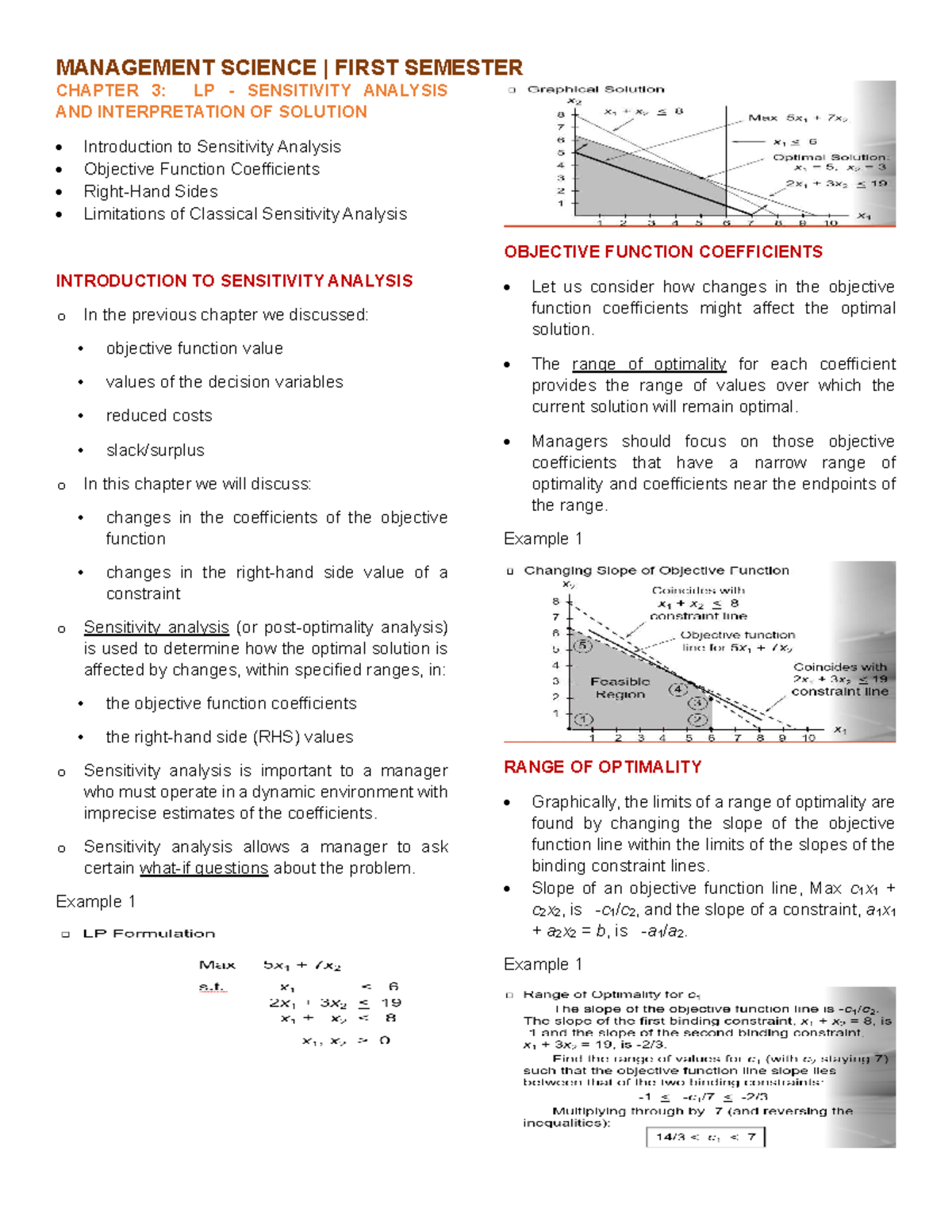 MANAGEMENT SCIENCE 1ST SEMESTER: CHAPTER 3 - LP SENSITIVITY ANALYSIS ...