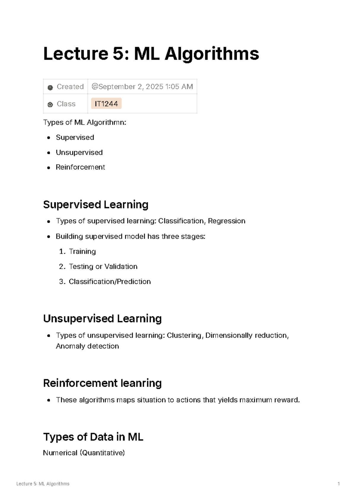 Lecture 5: ML Algorithms Overview for IT1244 - Studocu