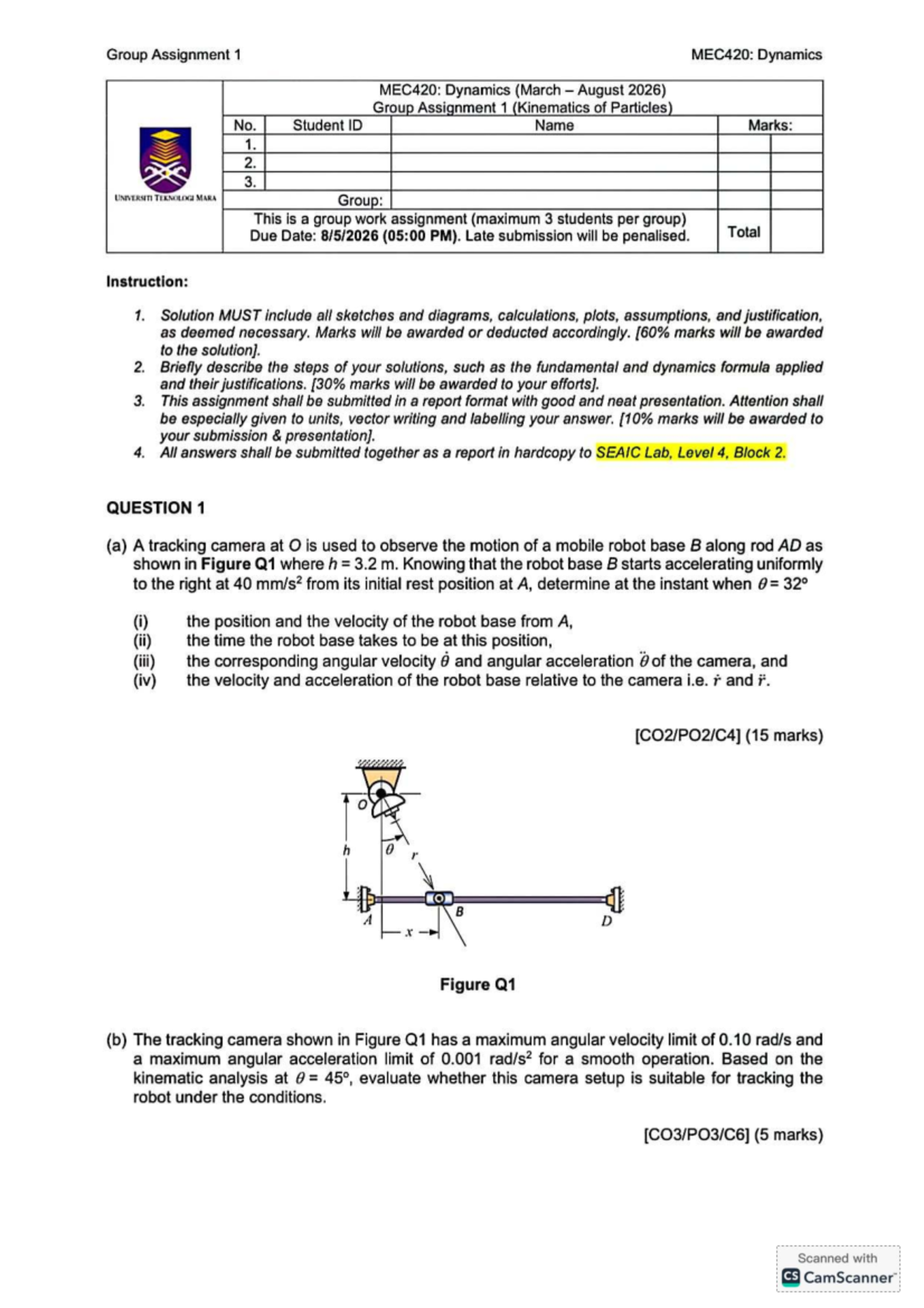 Group Assignment 1 MEC420: Dynamics I - Kinematics of Particles - Studocu