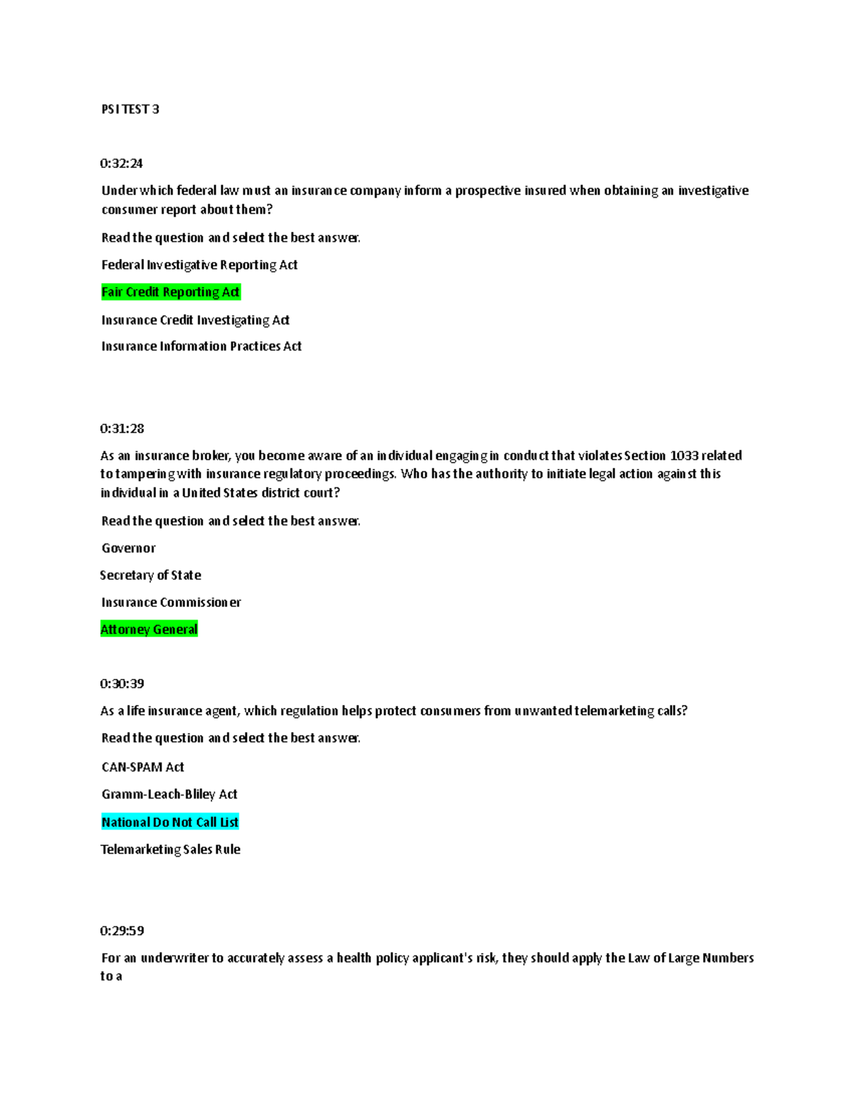PSI TEST 3: Life Insurance Concepts and Regulations Questions - Studocu