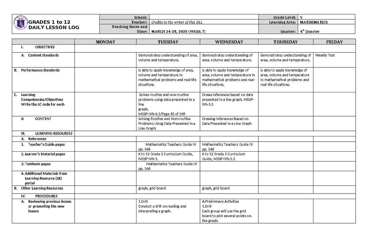 Grade 5 mathematics daily lesson log Q4 week 7 - Studocu