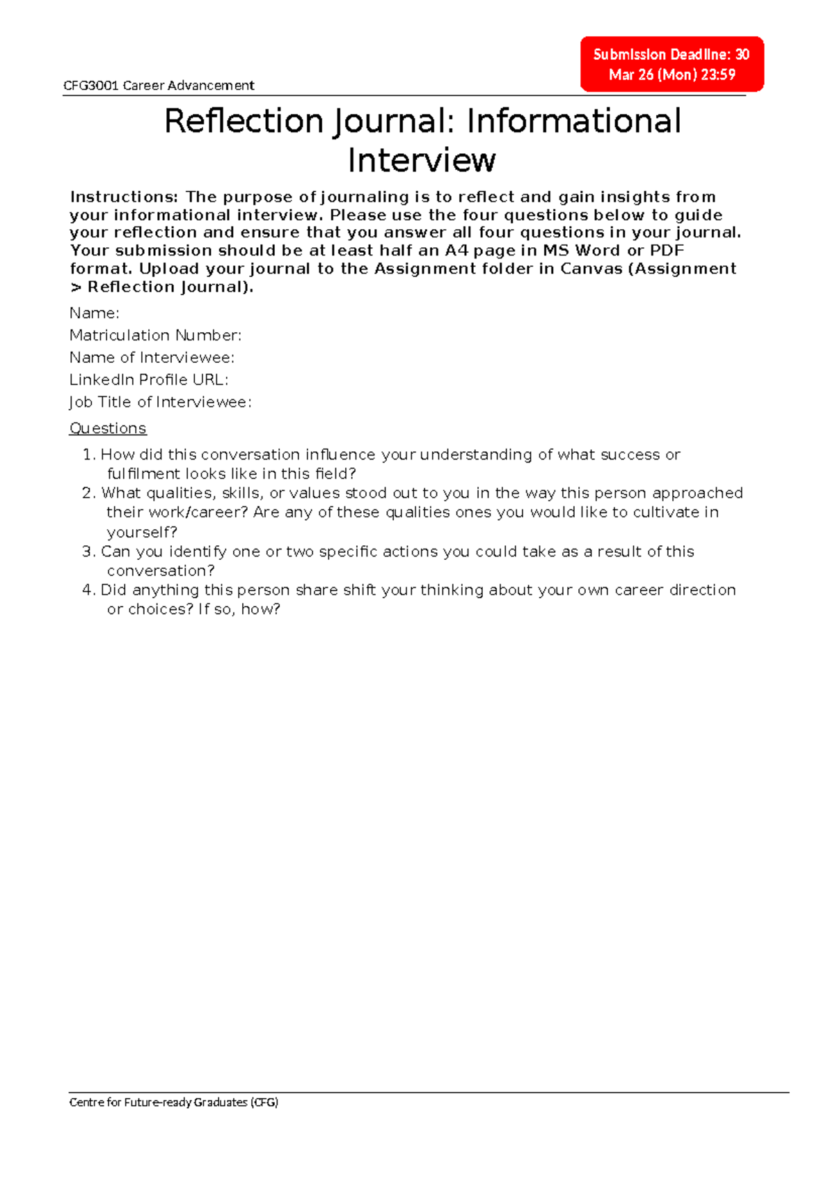 CFG3001 Reflection Journal: Insights from Informational Interview - Studocu