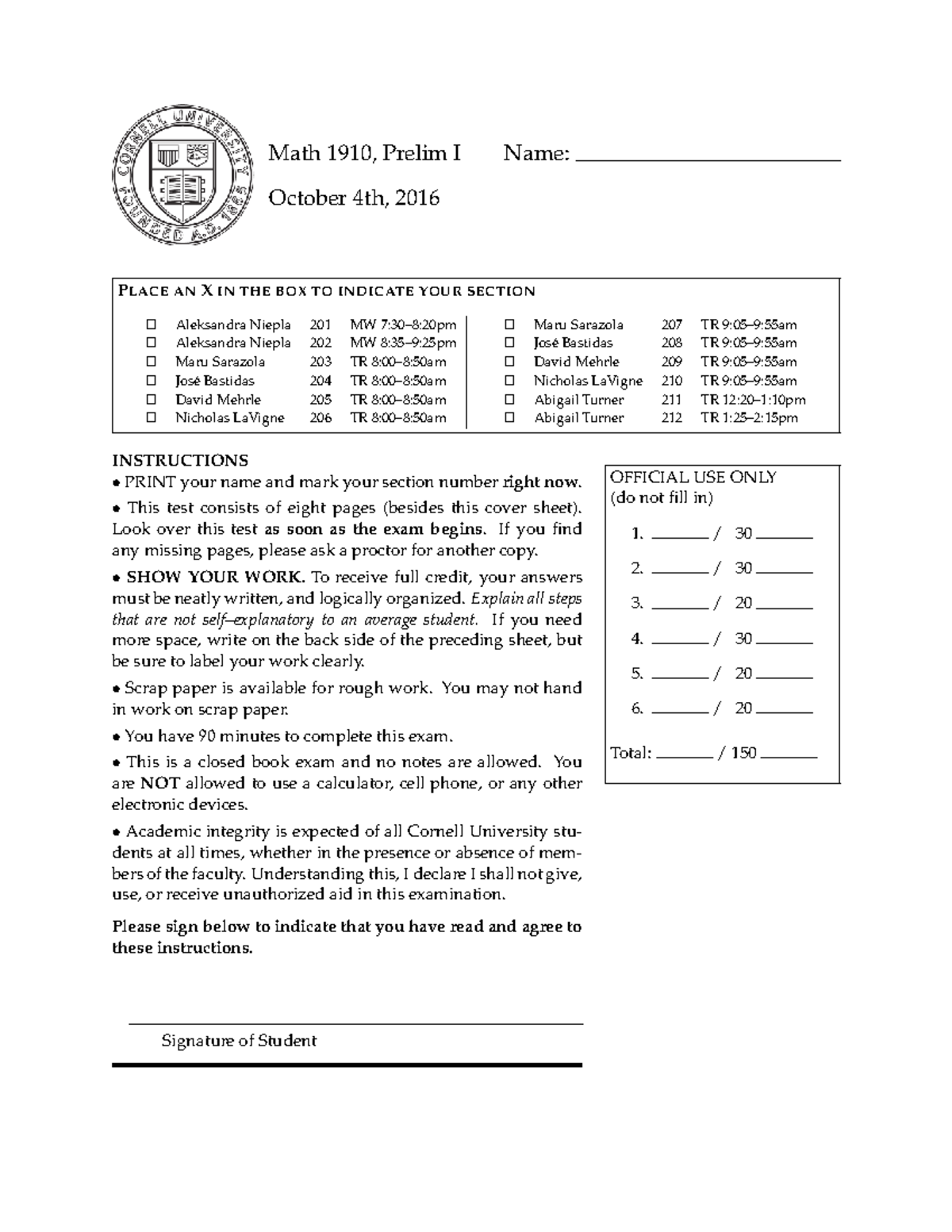 Math 1910, Prelim I Exam Instructions and Questions (Fall 2016) - Studocu