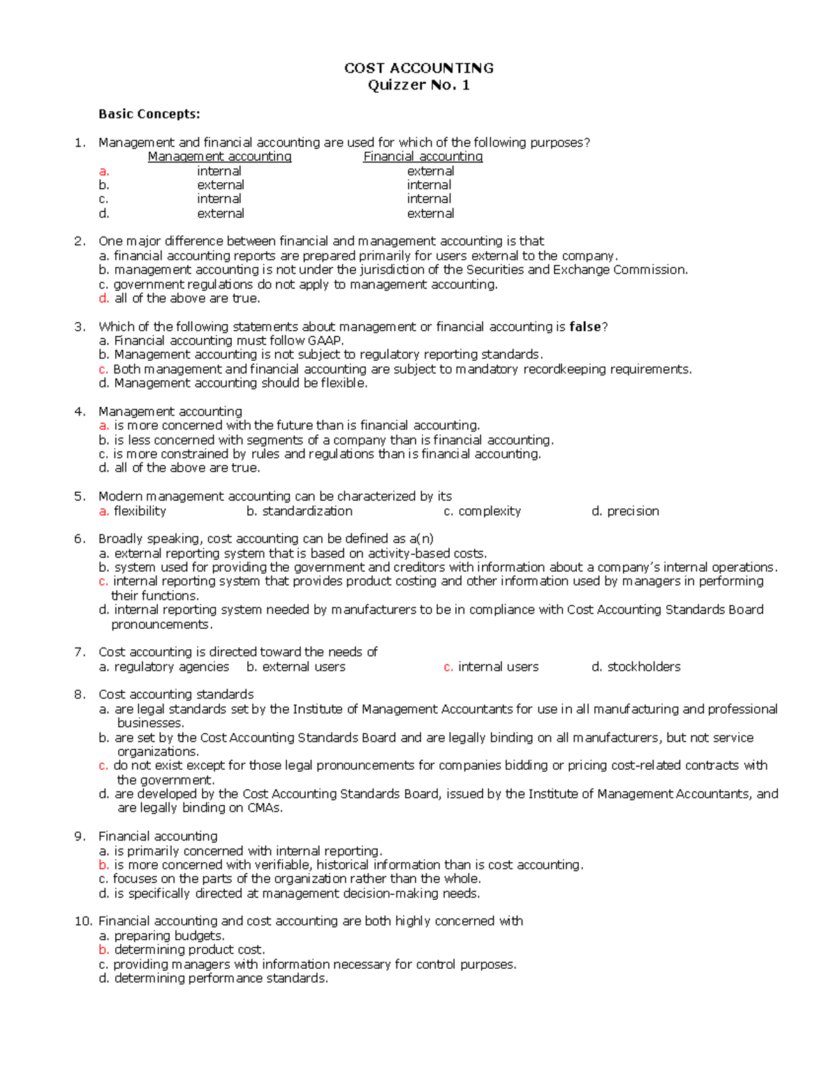 Cost Accounting Quizzer No. 1: Key Concepts & Analysis - Studocu