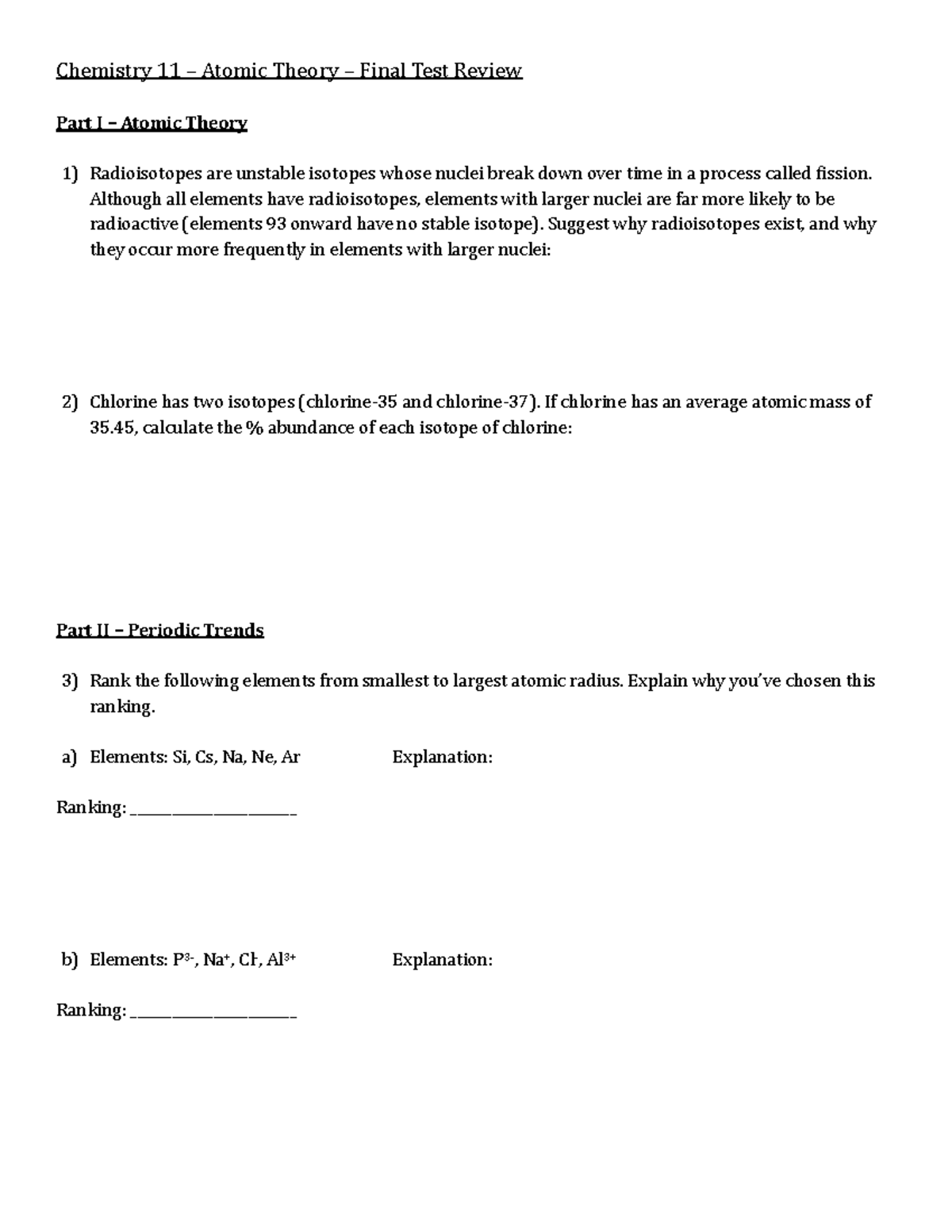 Chemistry 11 Atomic Theory Final Test Review Part II - Studocu