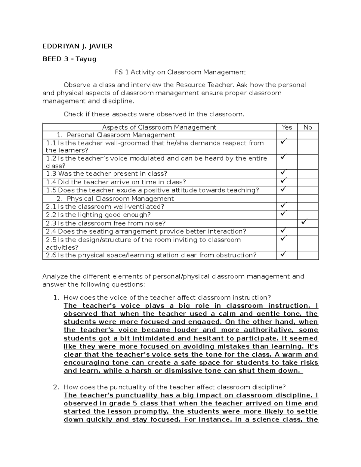 FS 1 Activity: Classroom Management Observations and Insights - Studocu