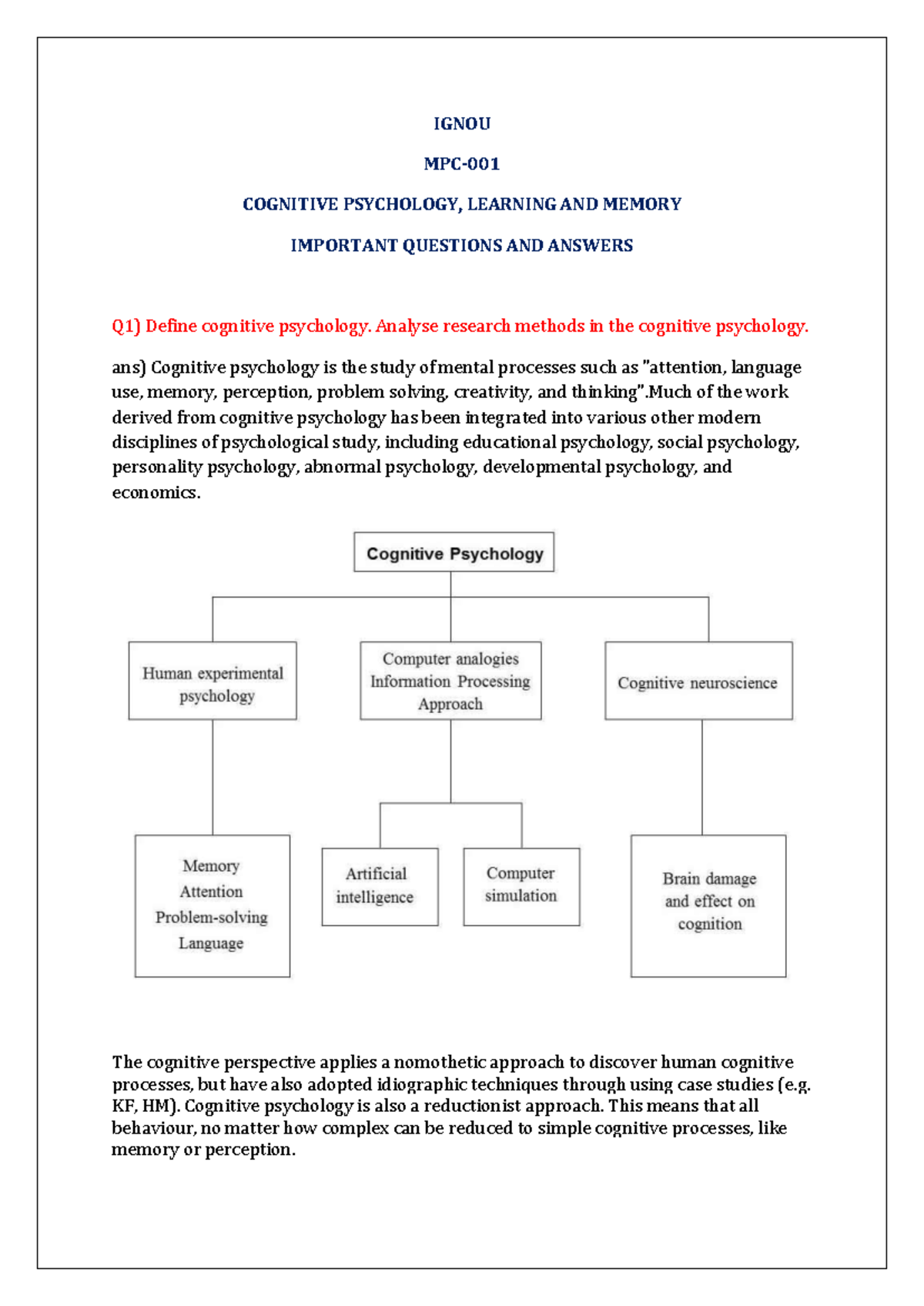 MPC-001 IMP - Importants - IGNOU MPC- COGNITIVE PSYCHOLOGY, LEARNING ...