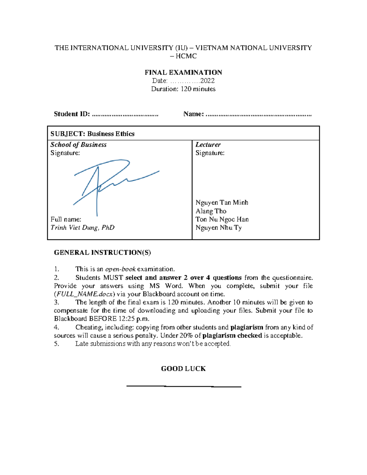 Business Ethics - Final Exam Instructions & Questions - Studocu
