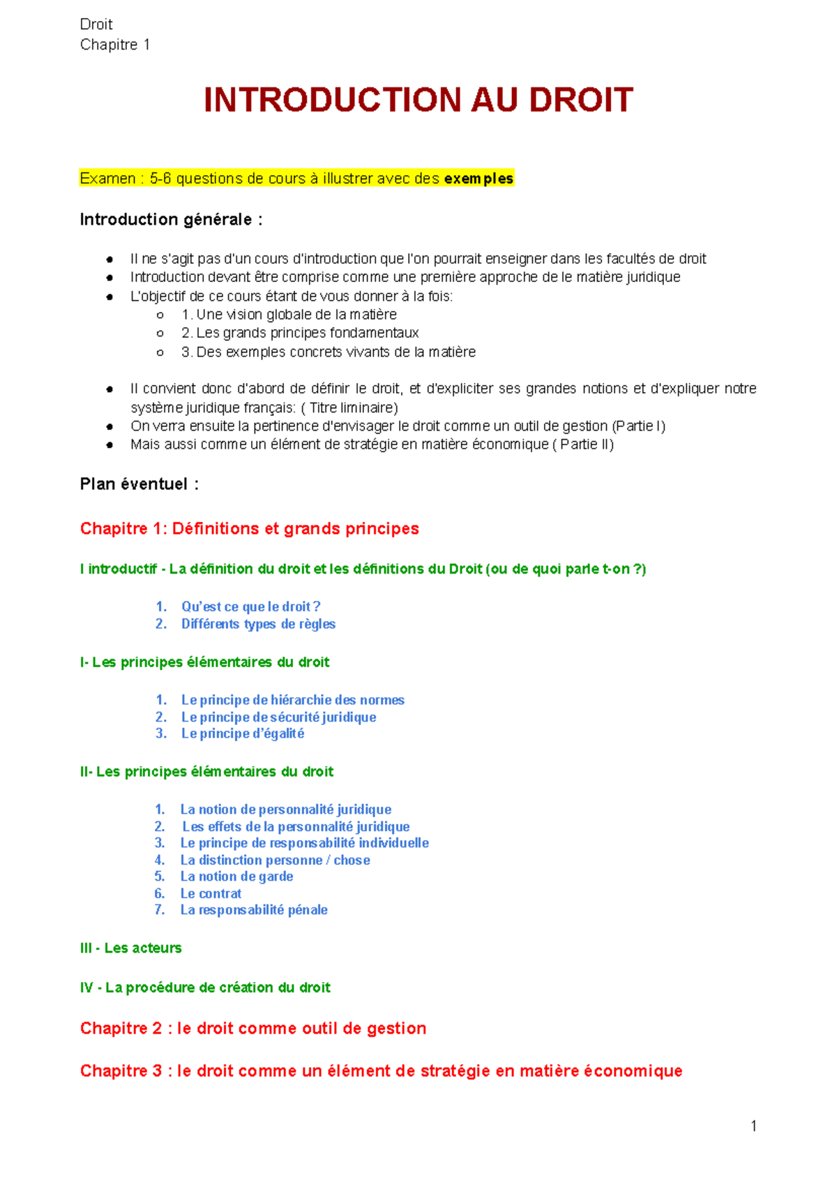 Cours - Droit Chapitre 1 INTRODUCTION AU DROIT Examen : 5-6 questions ...