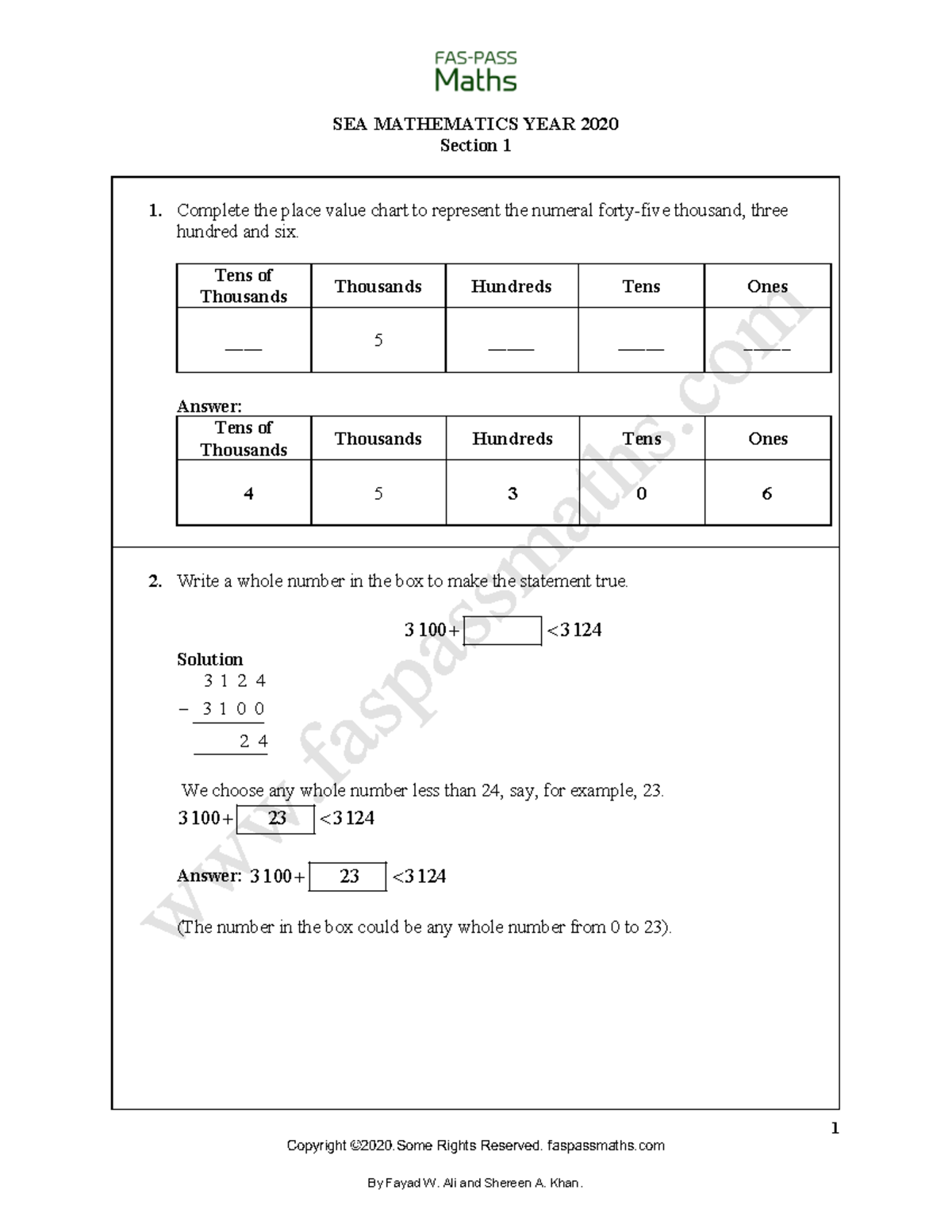 SEA MATHEMATICS 2020 PAST PAPER SOLUTIONS: SECTION 1 & 2 - Studocu