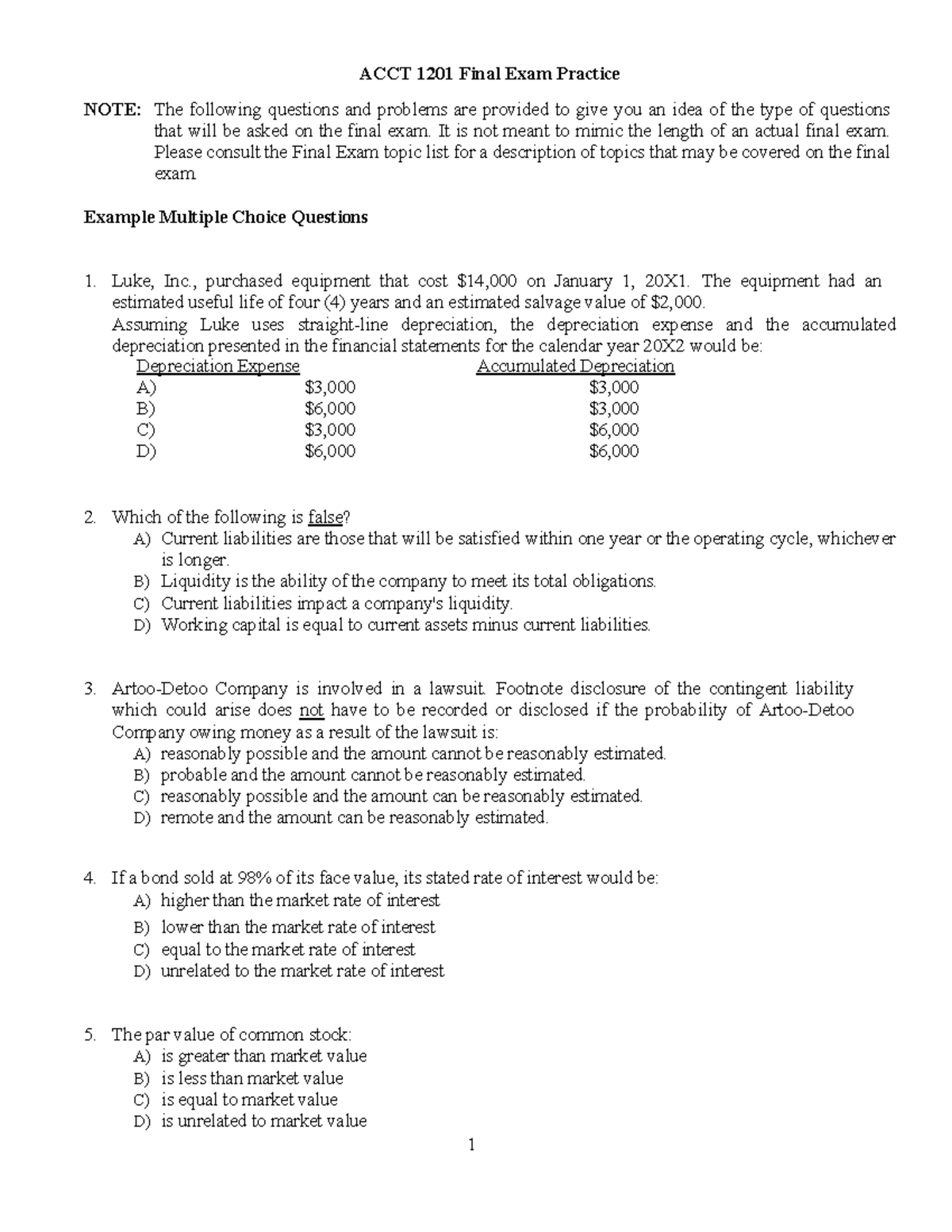 ACCT 1201 Final Exam Practice Questions - Studocu