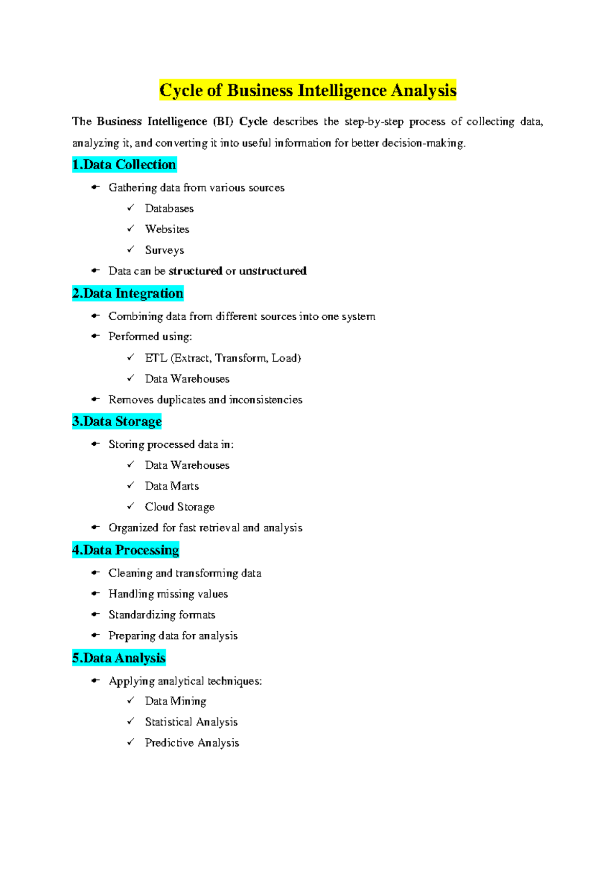 BI UNIT 1 PART 2 - Cycle of Business Intelligence Analysis Notes - Studocu