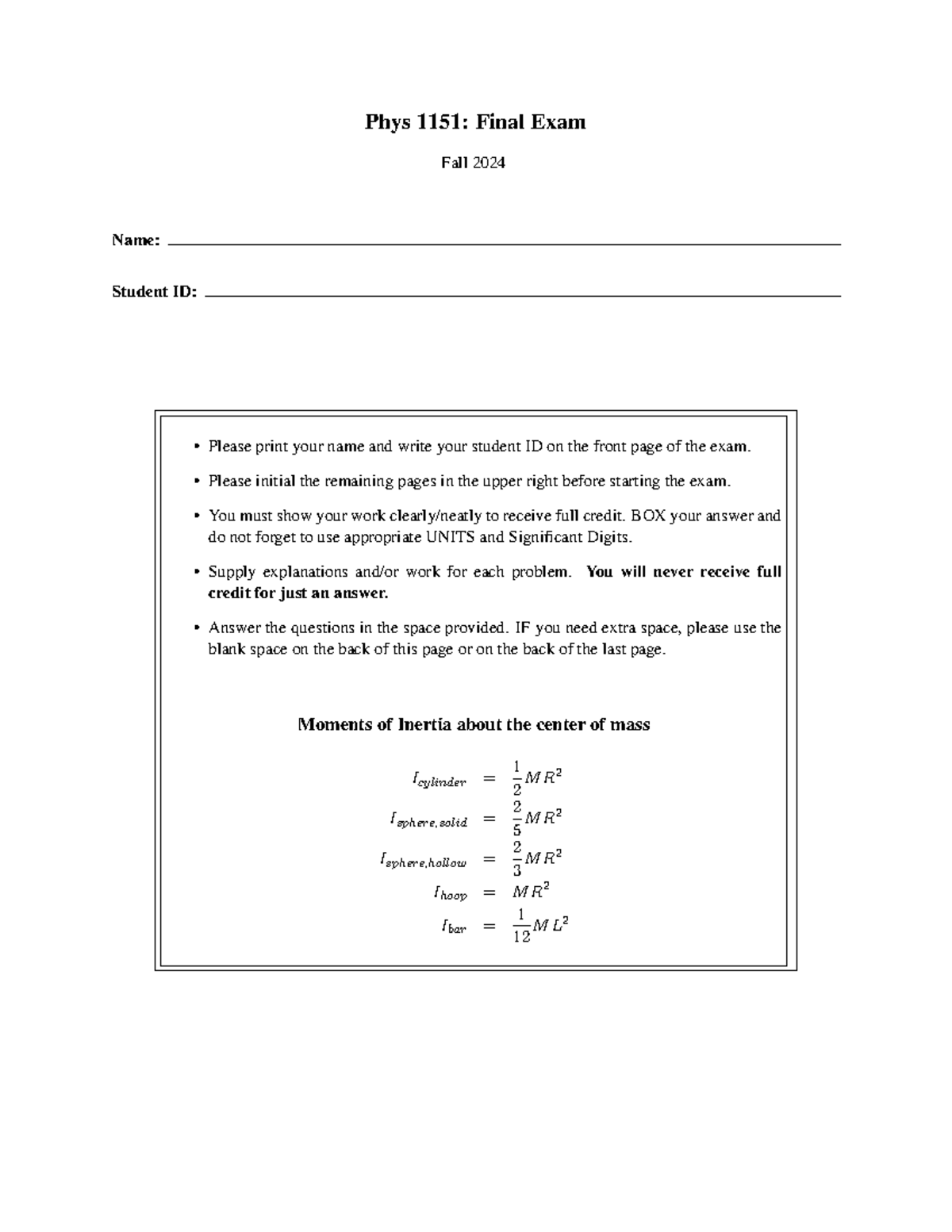 Phys 1151: Final Exam Practice Questions for Spring 2025 - Studocu