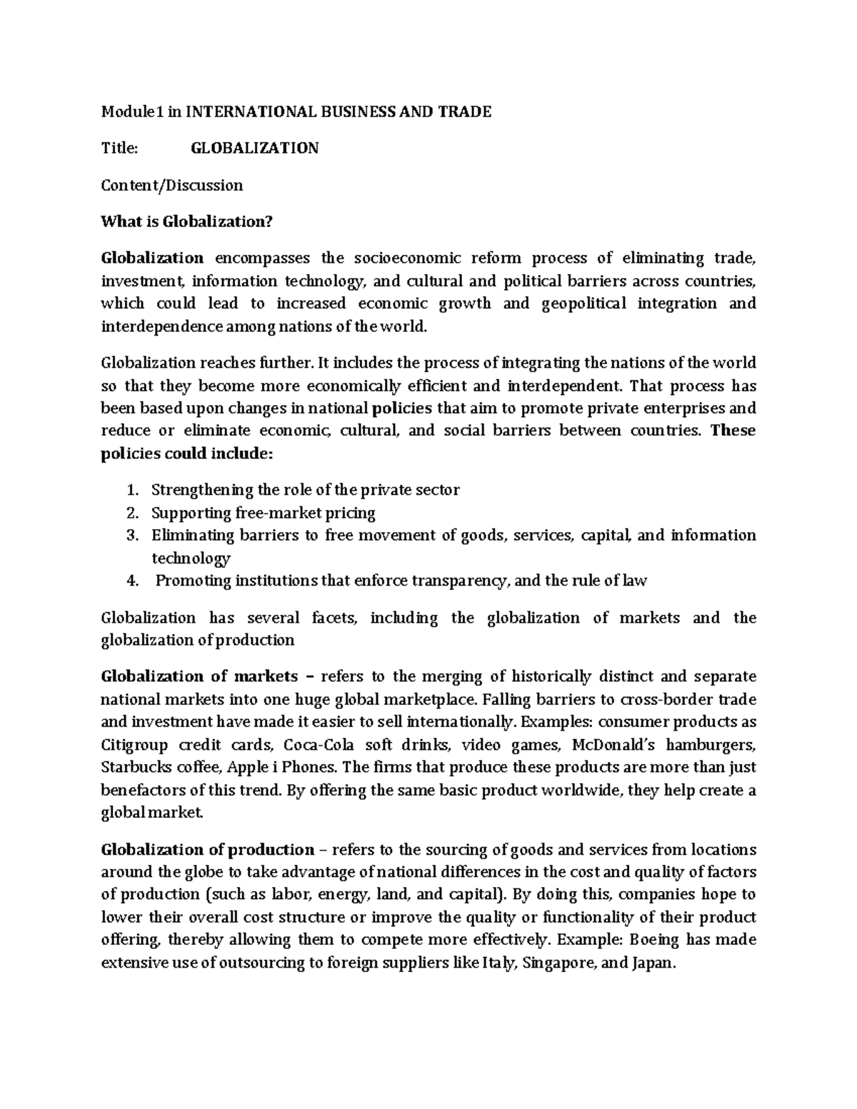 Module 1 in IBT - Globalization Overview and Key Concepts - Studocu