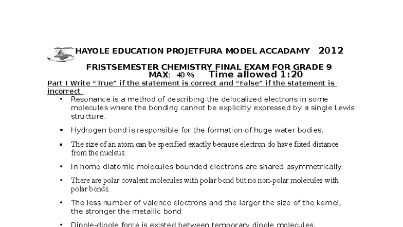 HAYOLE EDUCATION PROJECT: G9 CHEMISTRY FINAL EXAM 2012 - Studocu