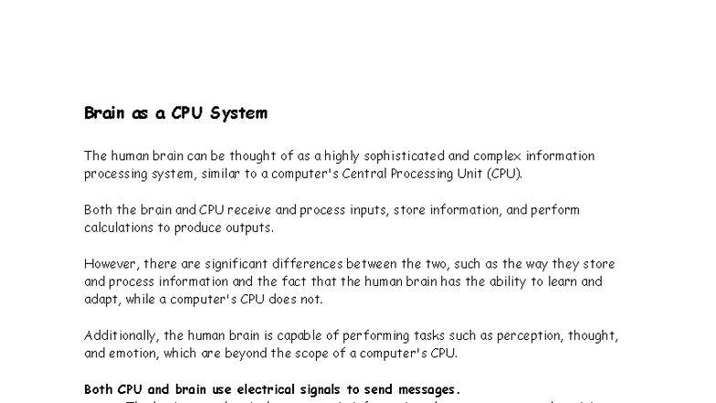 Brain as a CPU System: Insights and Comparisons - Notes - Studocu