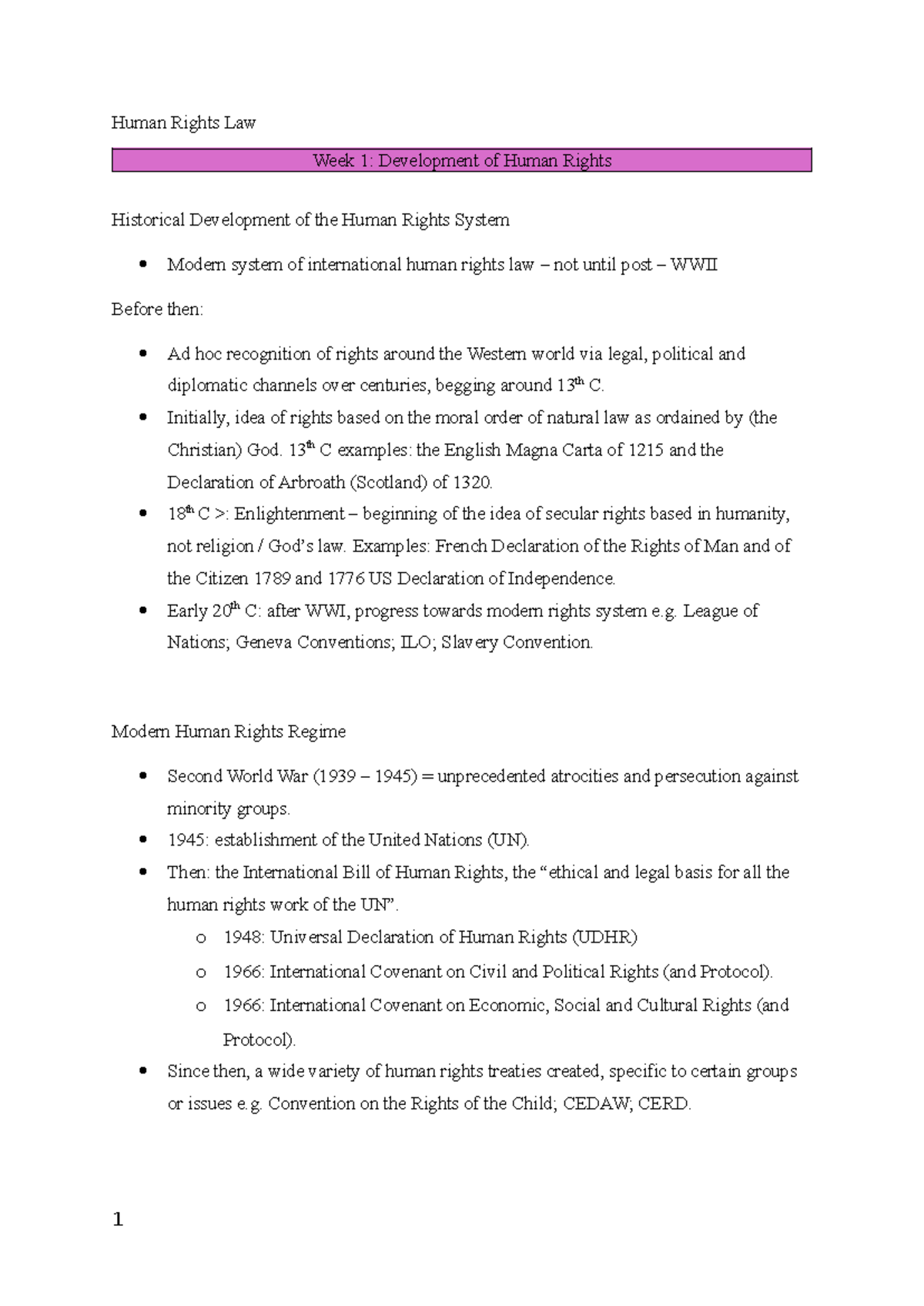 Human Rights Law (HRL) Week 1: Historical Development Overview - Studocu