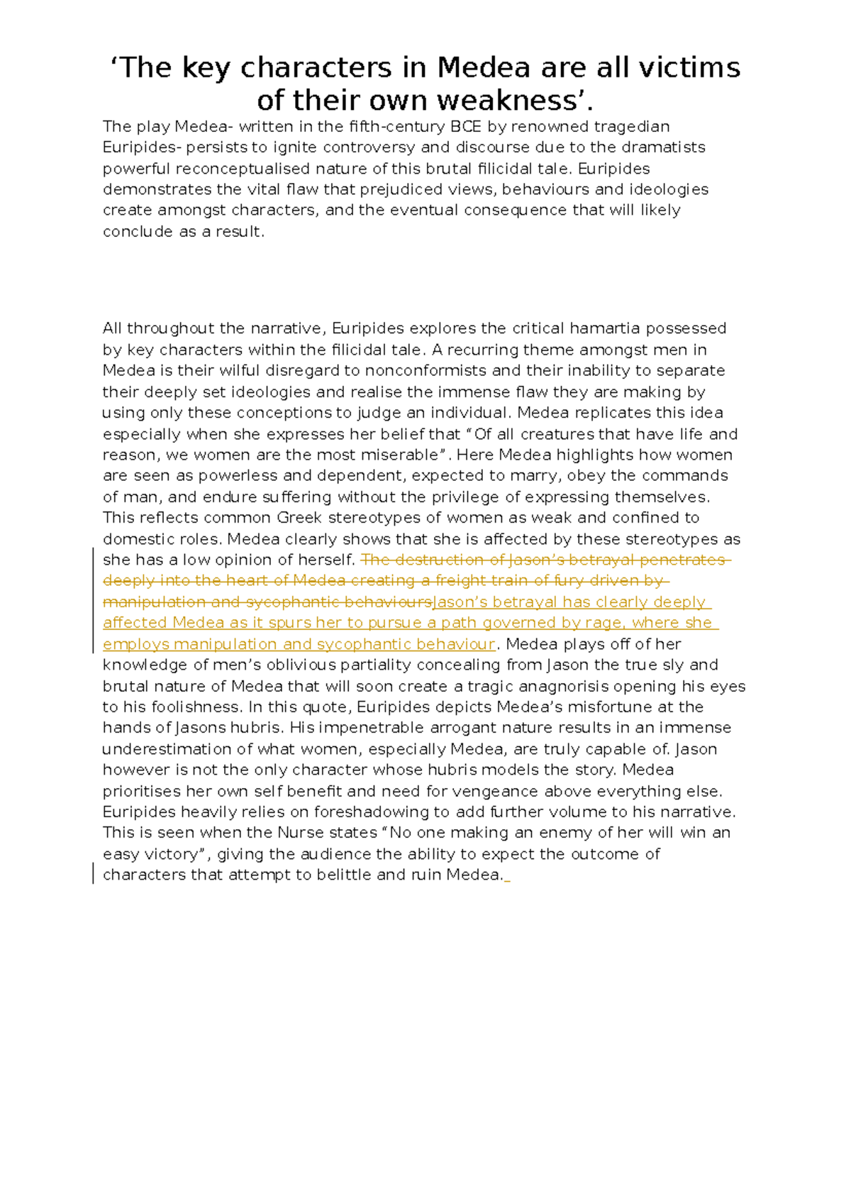 Medea Body Paragraph Analysis - Key Characters' Flaws and Consequences ...