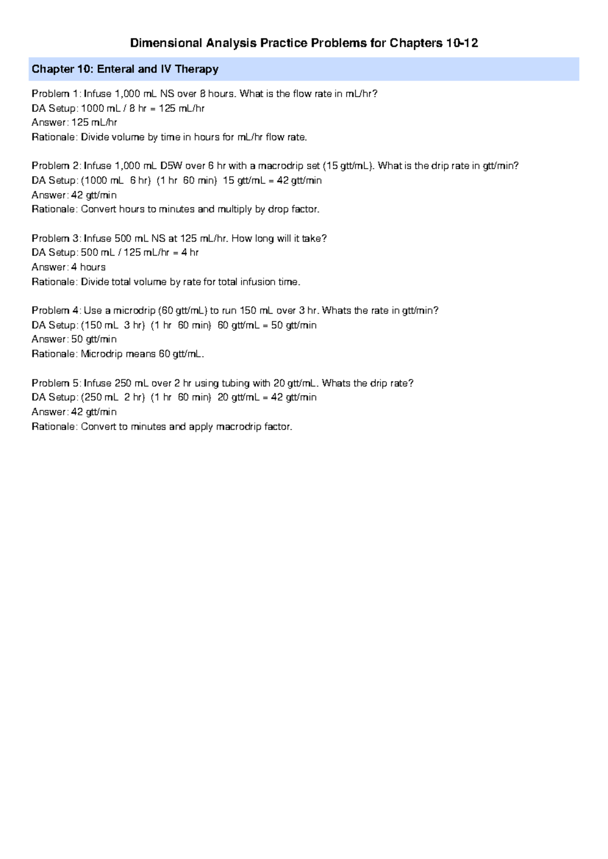 Dimensional Analysis Nursing Practice Problems for Ch10 & Ch11 - Studocu