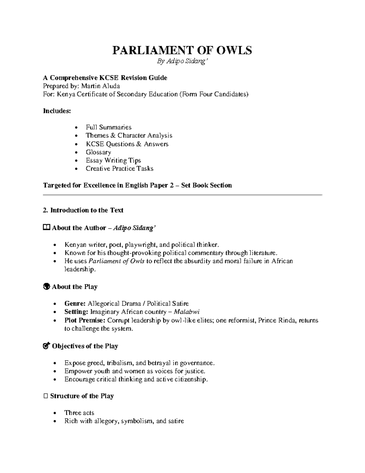 KCSE English Paper 2: Parliament of Owls Comprehensive Revision Guide - Document Preview