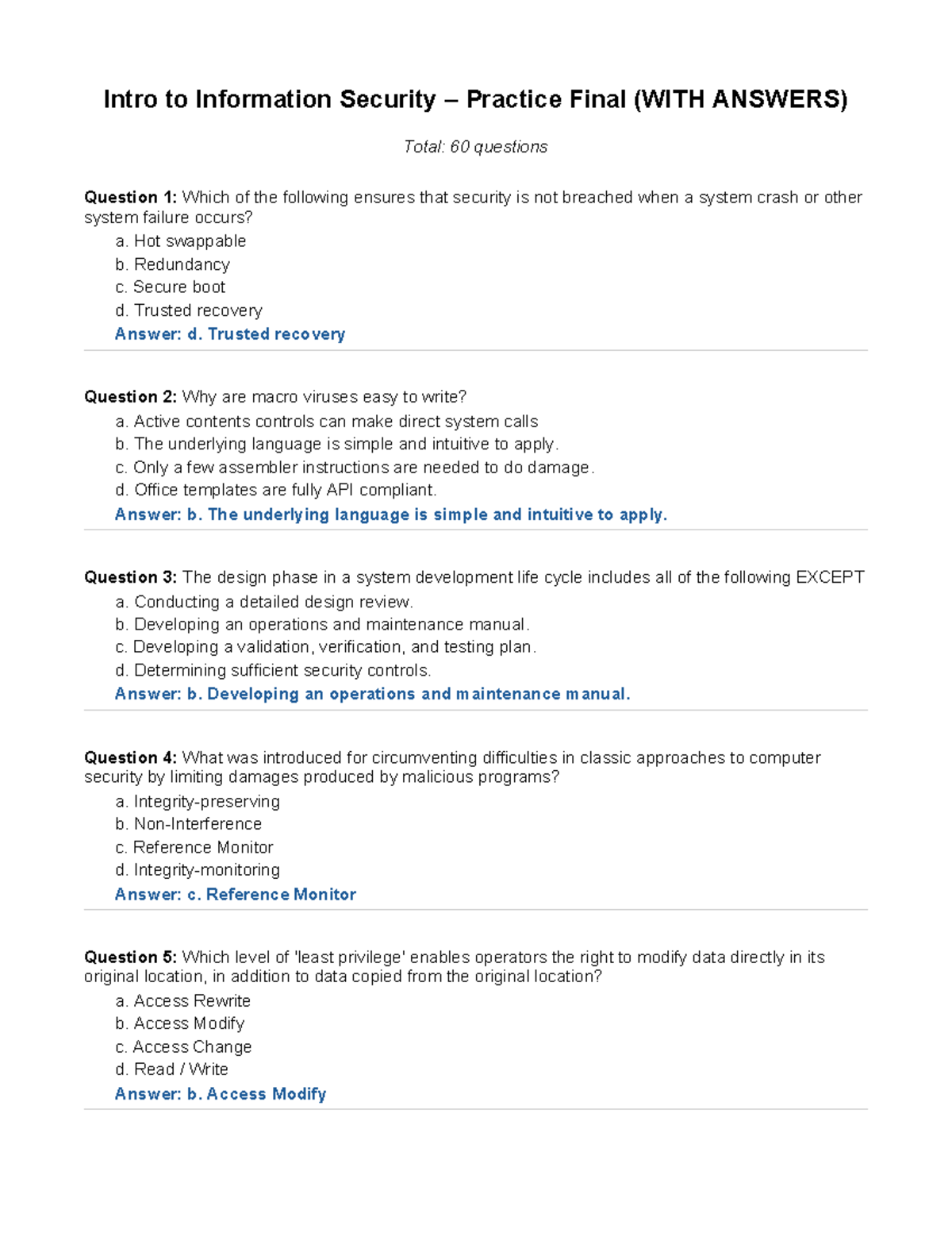 Info Sec 101: Final Exam Practice Questions & Answers - Studocu
