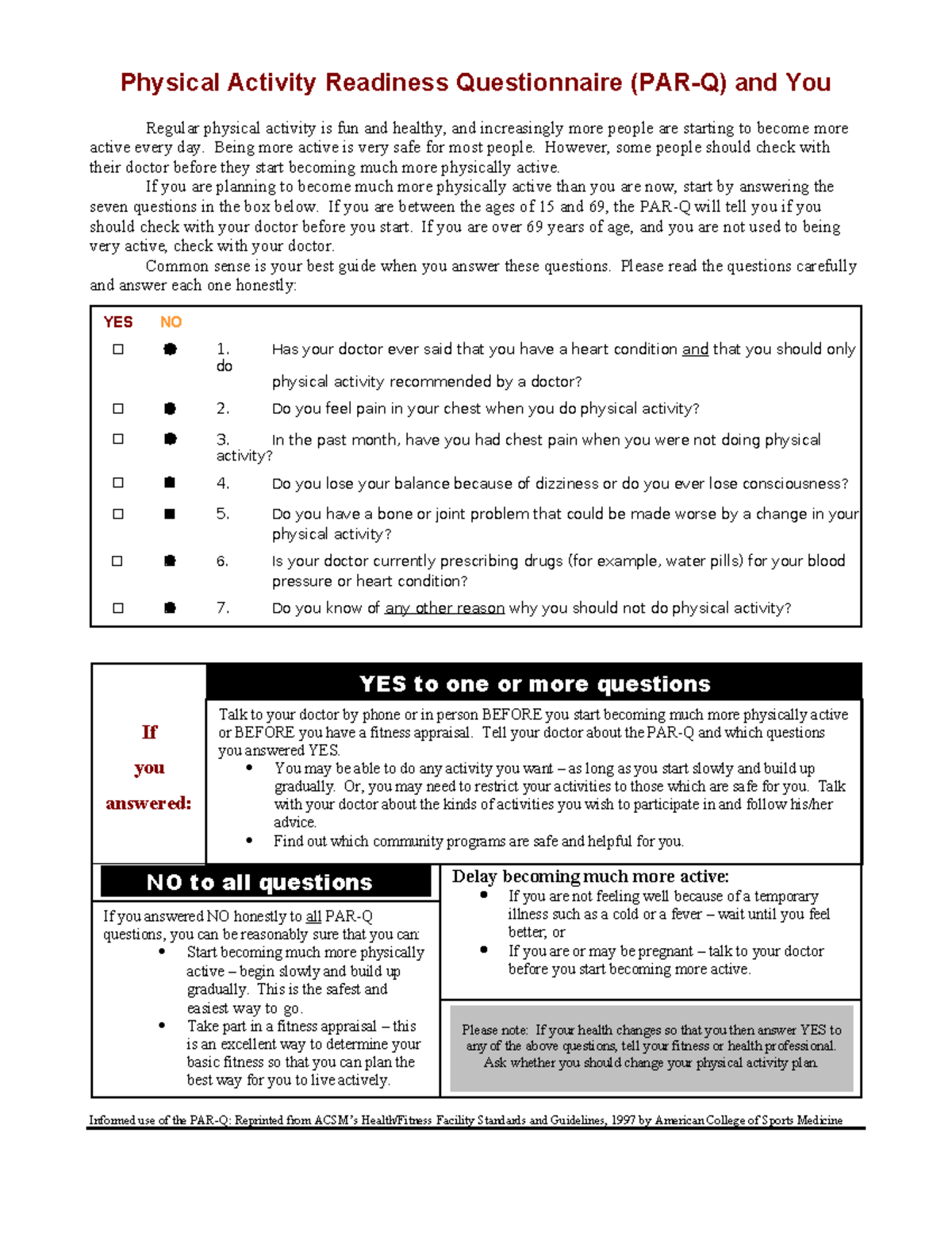 PAR-Q Safety Guidelines and Exercise Readiness Checklist for Fitness ...