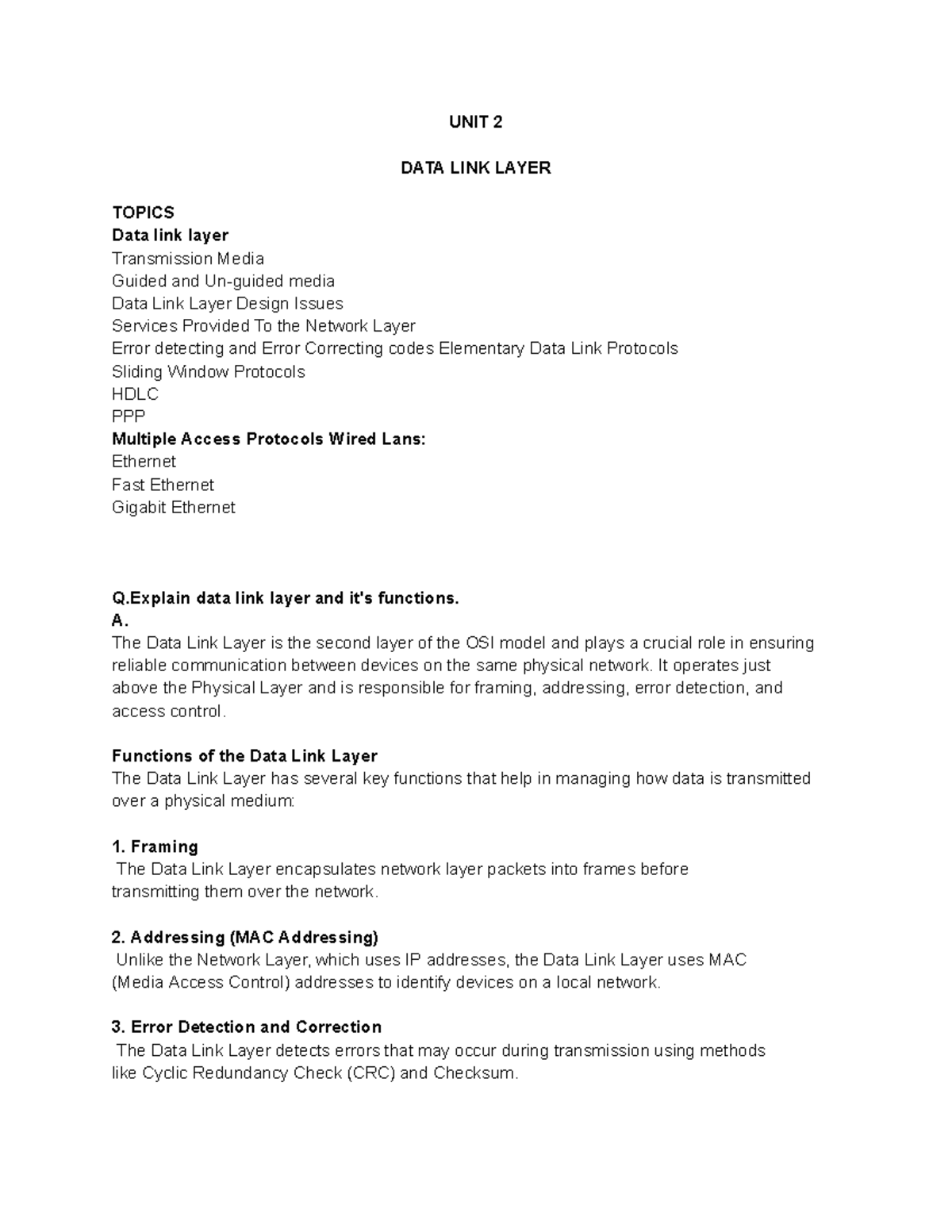 CN UNIT-2 Data Link Layer Concepts and Q&A - MCA 2nd Sem Notes - Studocu
