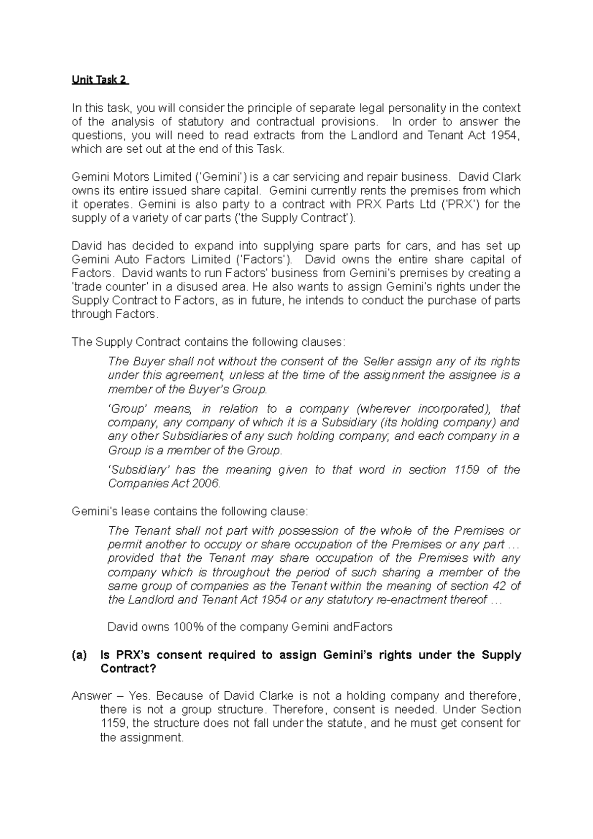 Unit Task 2: Analysis of Separate Legal Personality Principles - Studocu
