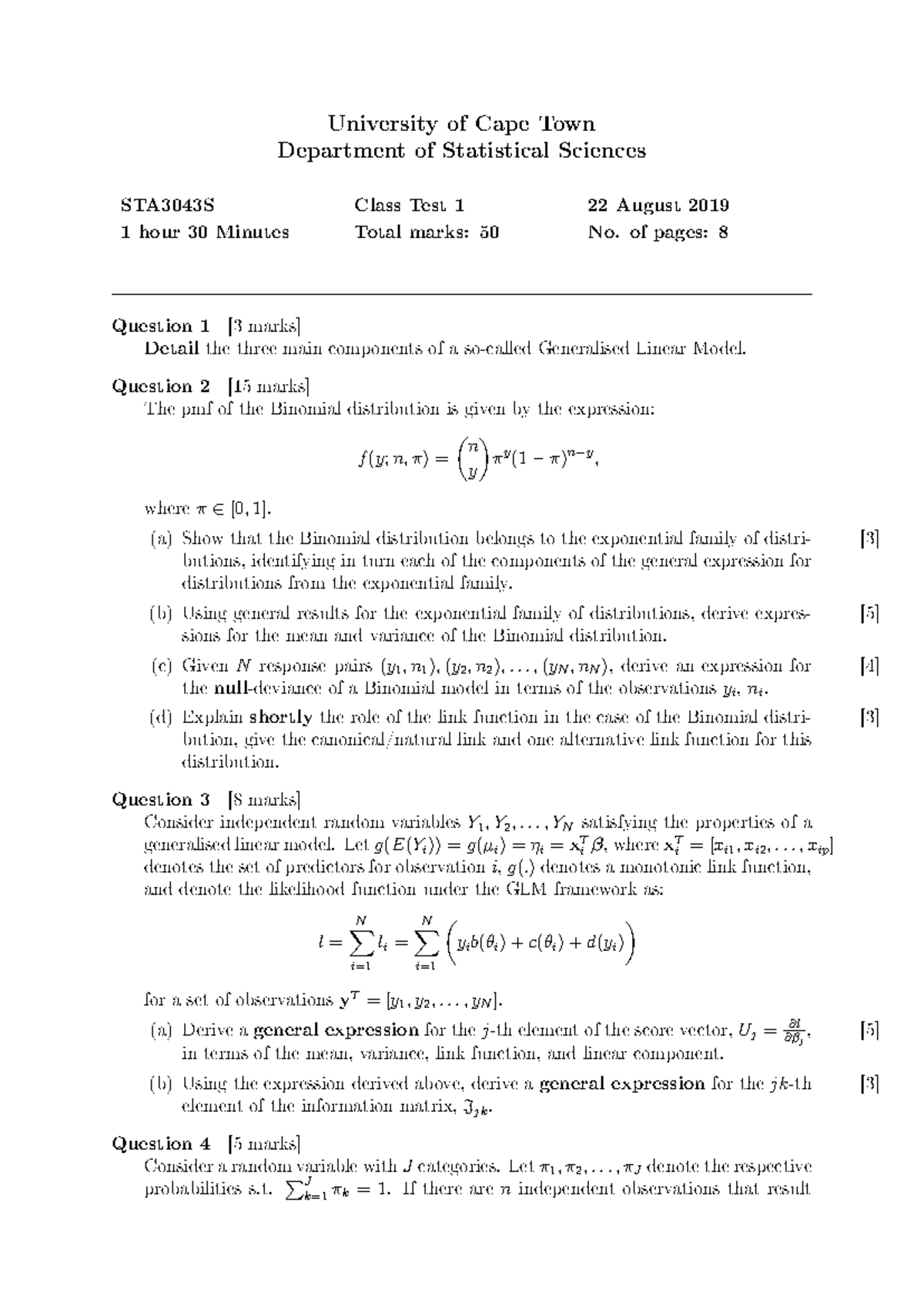 STA3043S Test 1 2019 - Generalized Linear Models & Analysis - Studocu
