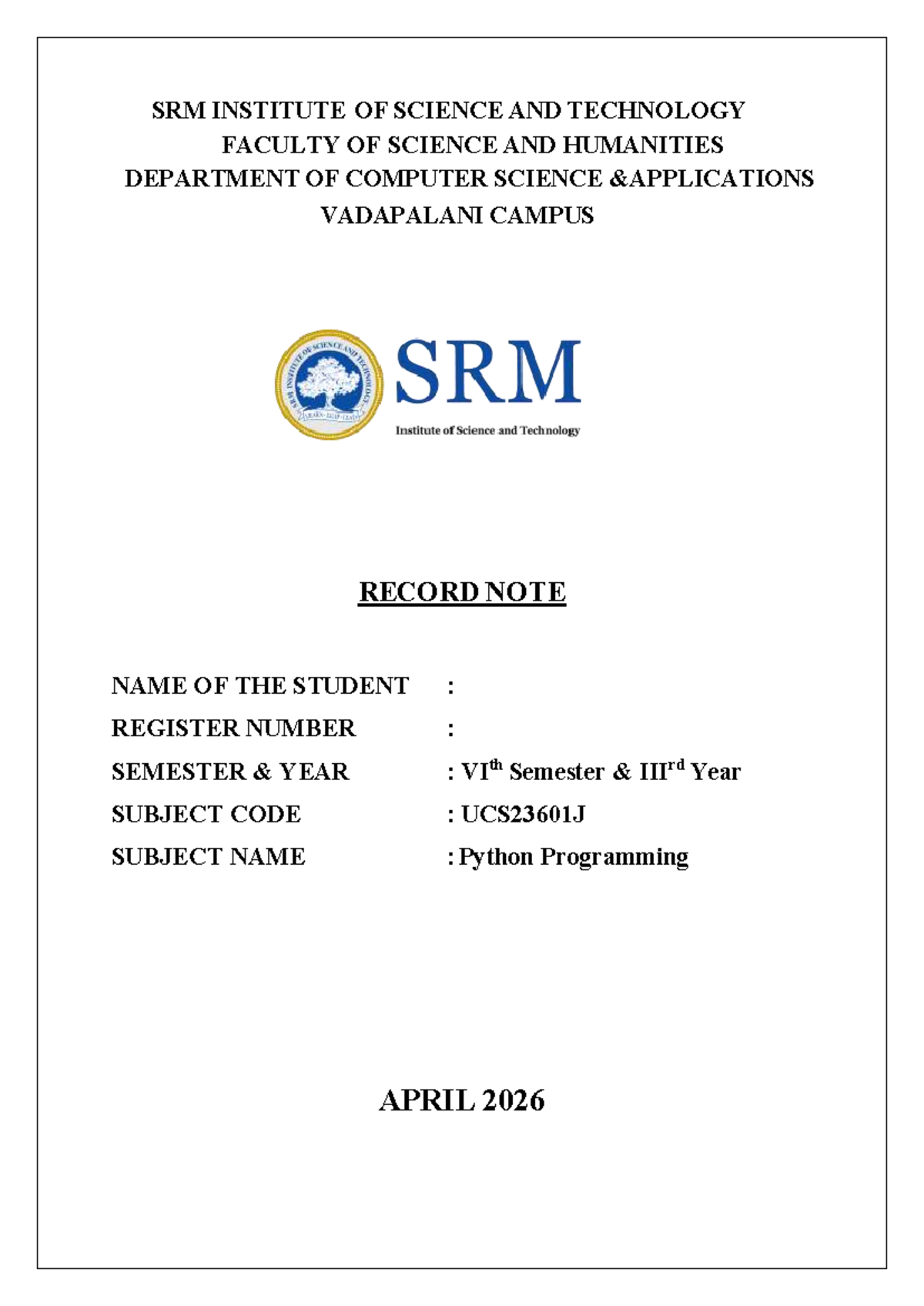 Python Programming Practical Record - UCS23601J - Studocu